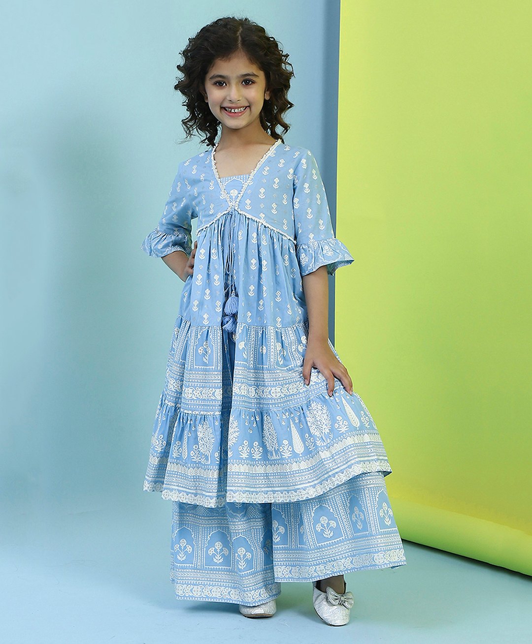 BIBA Cotton Half Bell Sleeves Floral Printed Sequins Embellished Kurta Sharara Set - Powder Blue-image-35