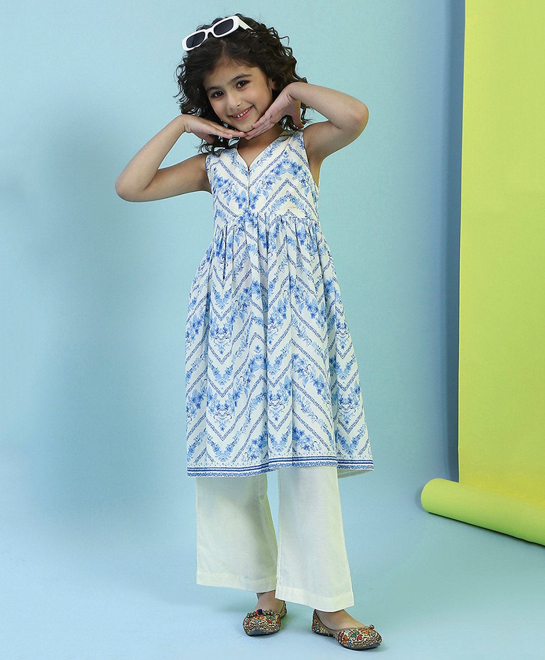 BIBA Cotton Sleeveless Floral Printed Kurta Palazzo Set - Cream-picture-16