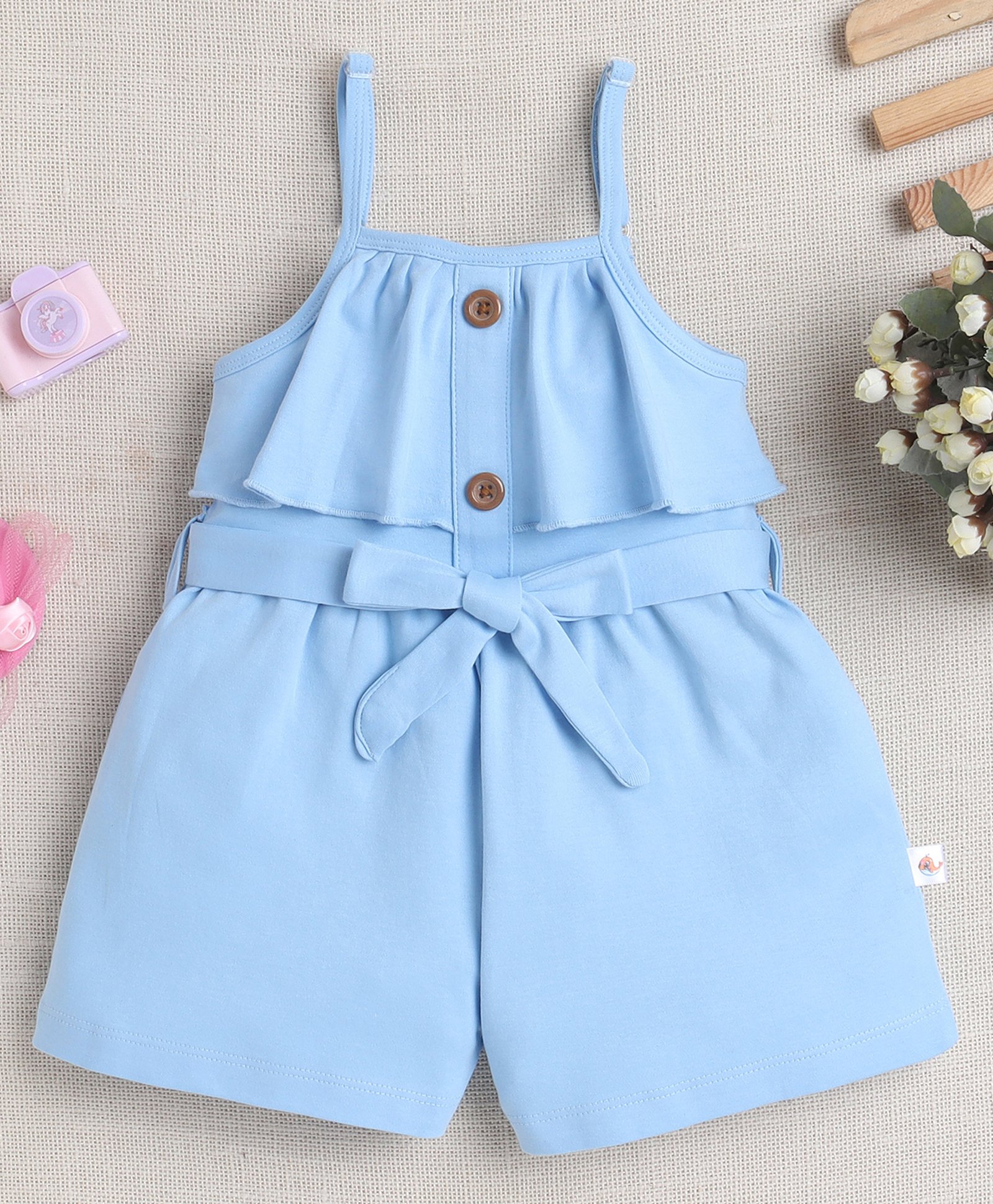 BUMZEE Cotton Knit Sleeveless Frill Detailing Solid Jumpsuit With Belt - Sky Blue-image-18