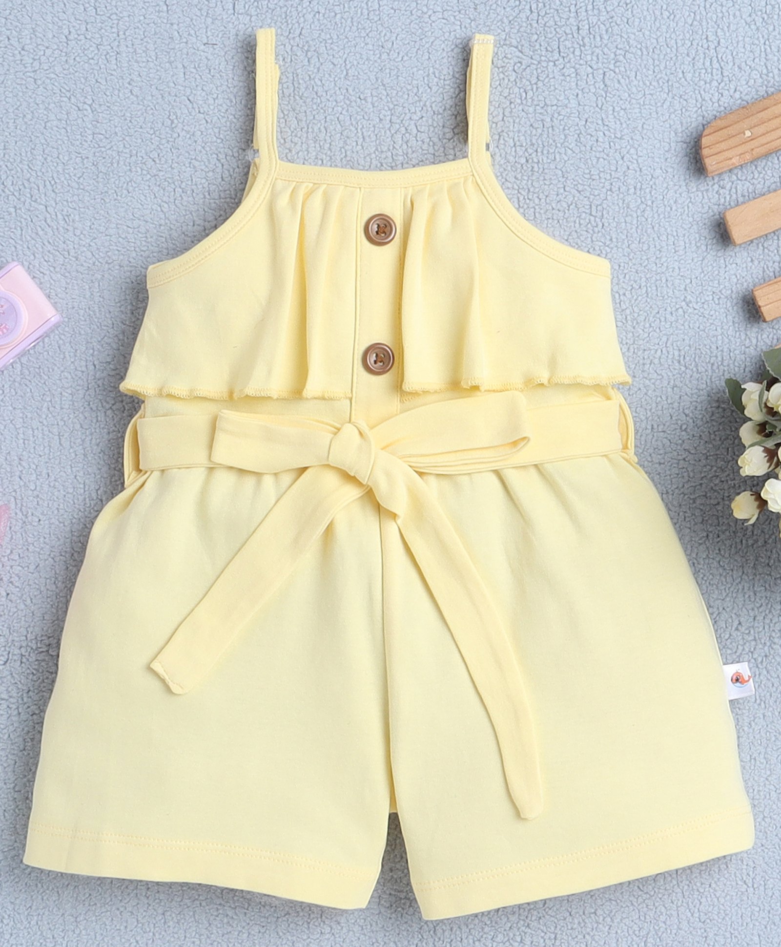 BUMZEE Cotton Knit Sleeveless Frill Detailing Solid Jumpsuit With Belt - Yellow-image-37