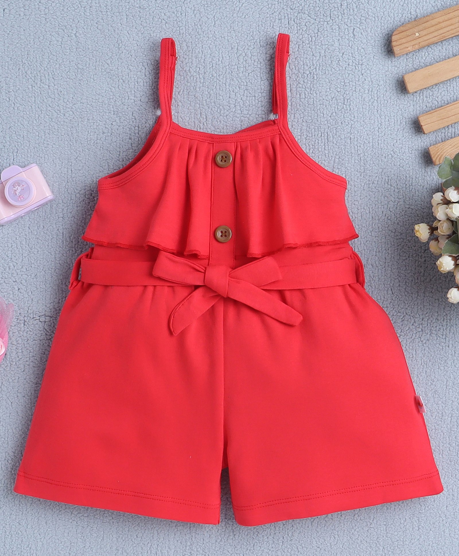BUMZEE Cotton Knit Sleeveless Frill Detailing Solid Jumpsuit With Belt - Red-image-44