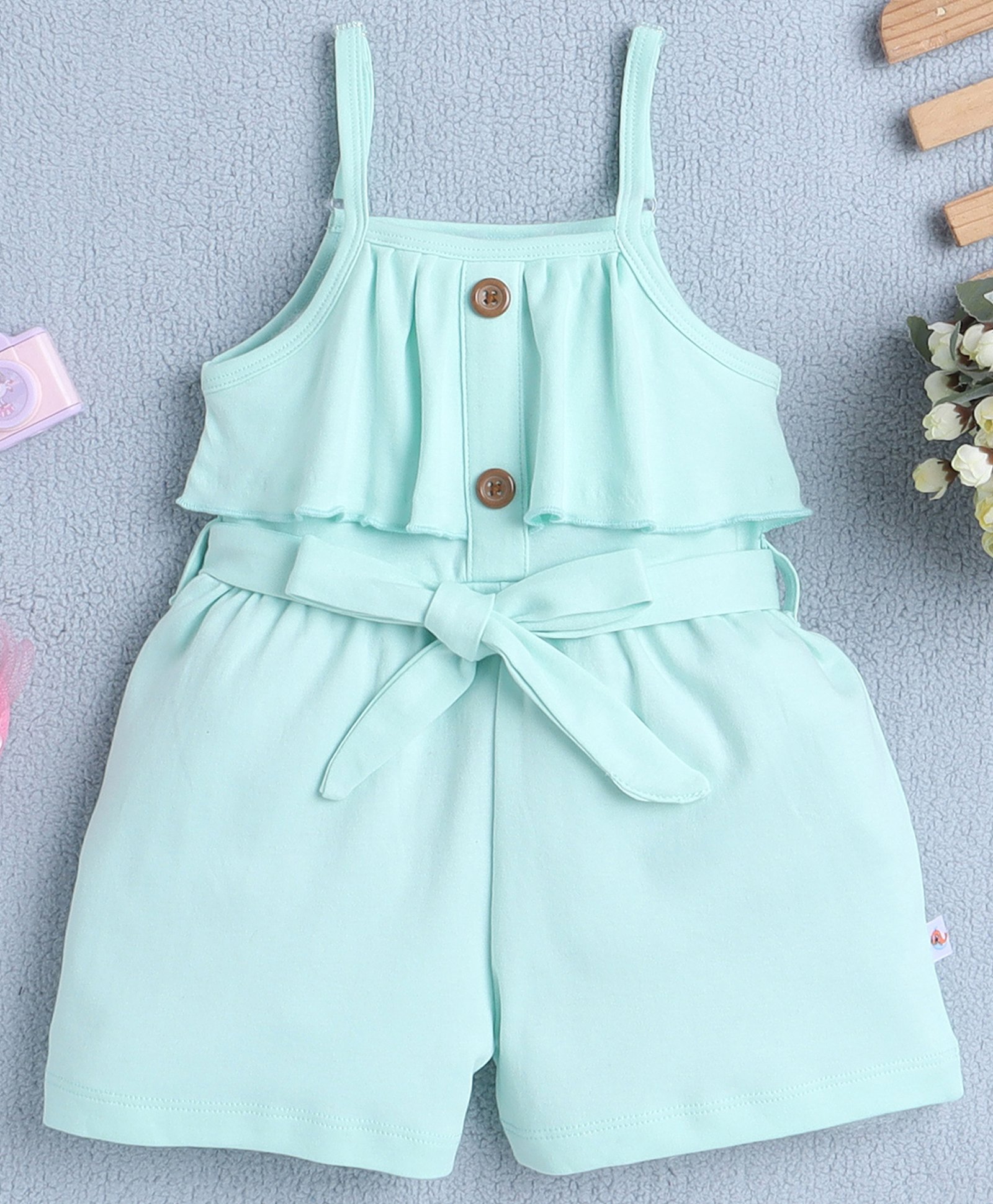 BUMZEE Cotton Knit Sleeveless Frill Detailing Solid Jumpsuit With Belt - Mint Green-picture-26