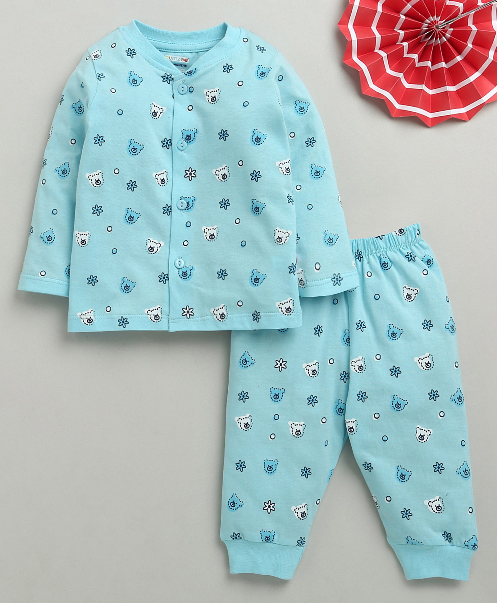 BUMZEE Cotton Knit Full Sleeves Teddy Face Printed Co-ords Night Suit - Aqua Blue-image-24
