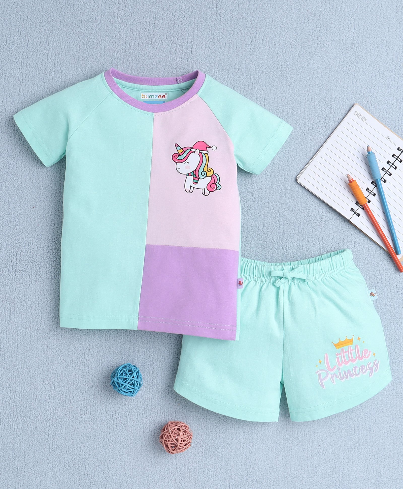 BUMZEE Cotton Knit Half Sleeves Unicorn Printed Cut & Sew T-Shirt & Short Set - Sea Green-image-31