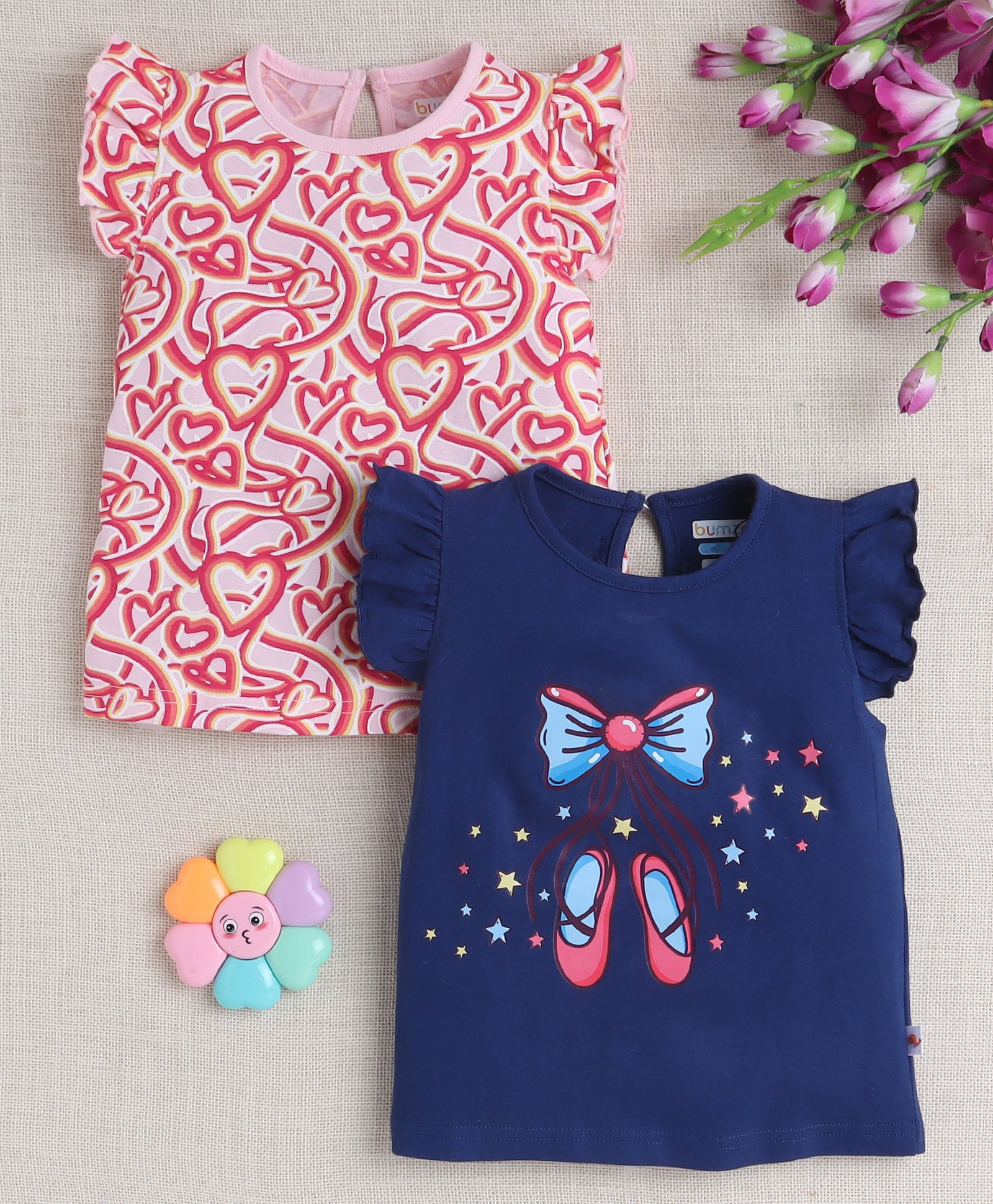 BUMZEE Cotton Knit Frill Sleeves T-Shirts Heart & Bow Print Pack Of 2 - Pink & Navy Blue-image-40