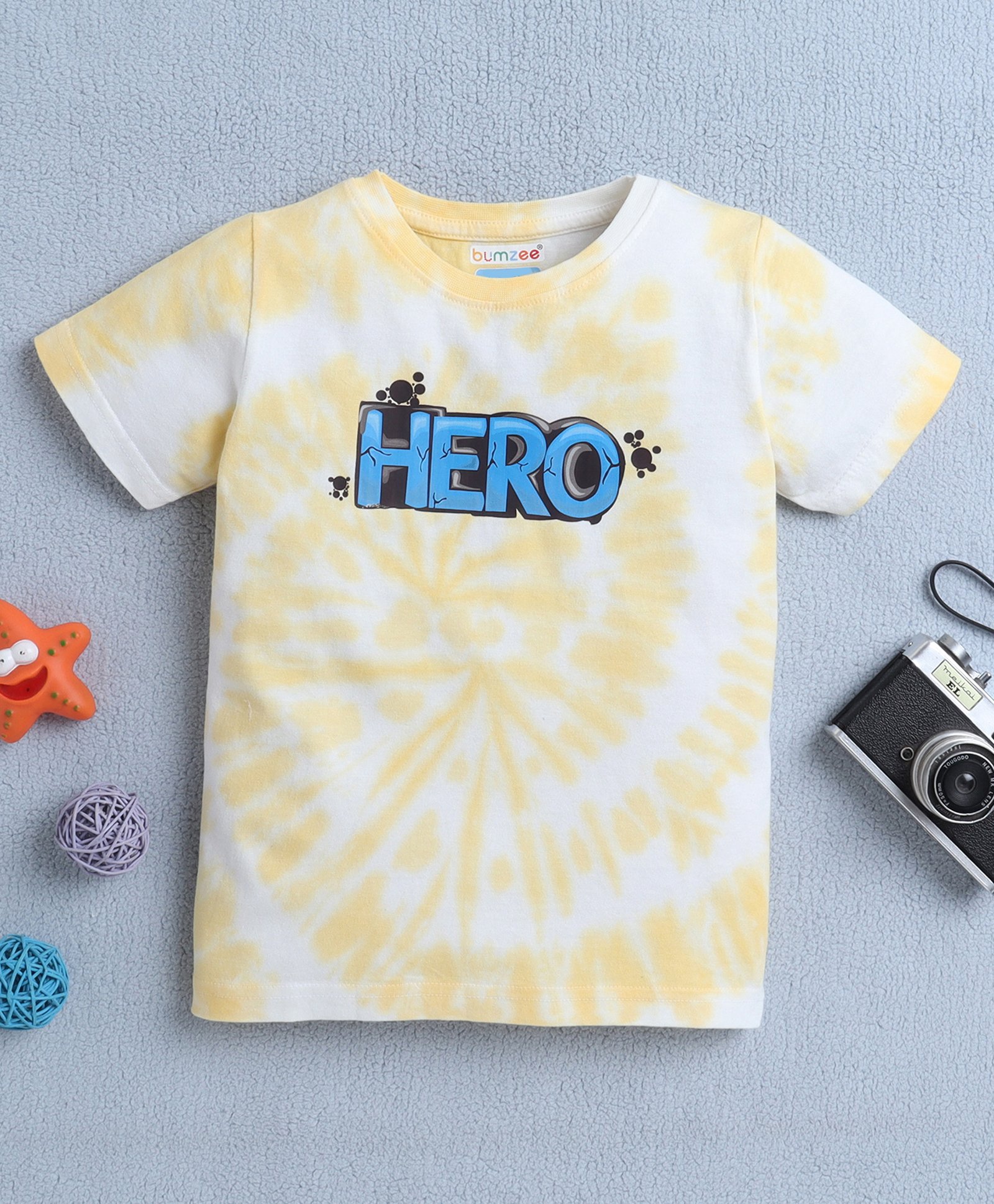 BUMZEE Cotton Knit Half Sleeves Tie Dye T-Shirt with Hero Text Print - Yellow-image-35