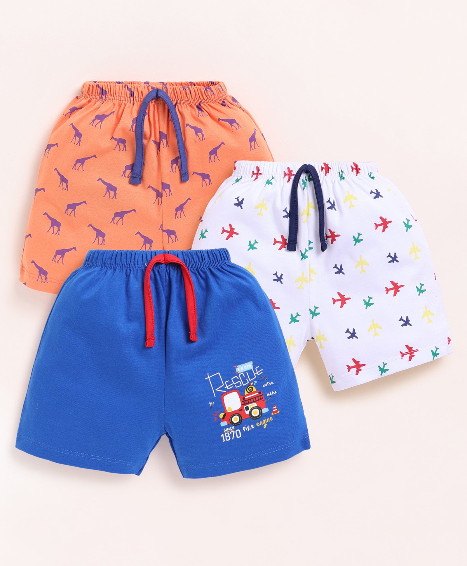 BUMZEE Cotton Knit Above Knee Length Shorts With Aeroplane & Giraffe Print Pack Of 3 - Blue Orange & White-picture-23