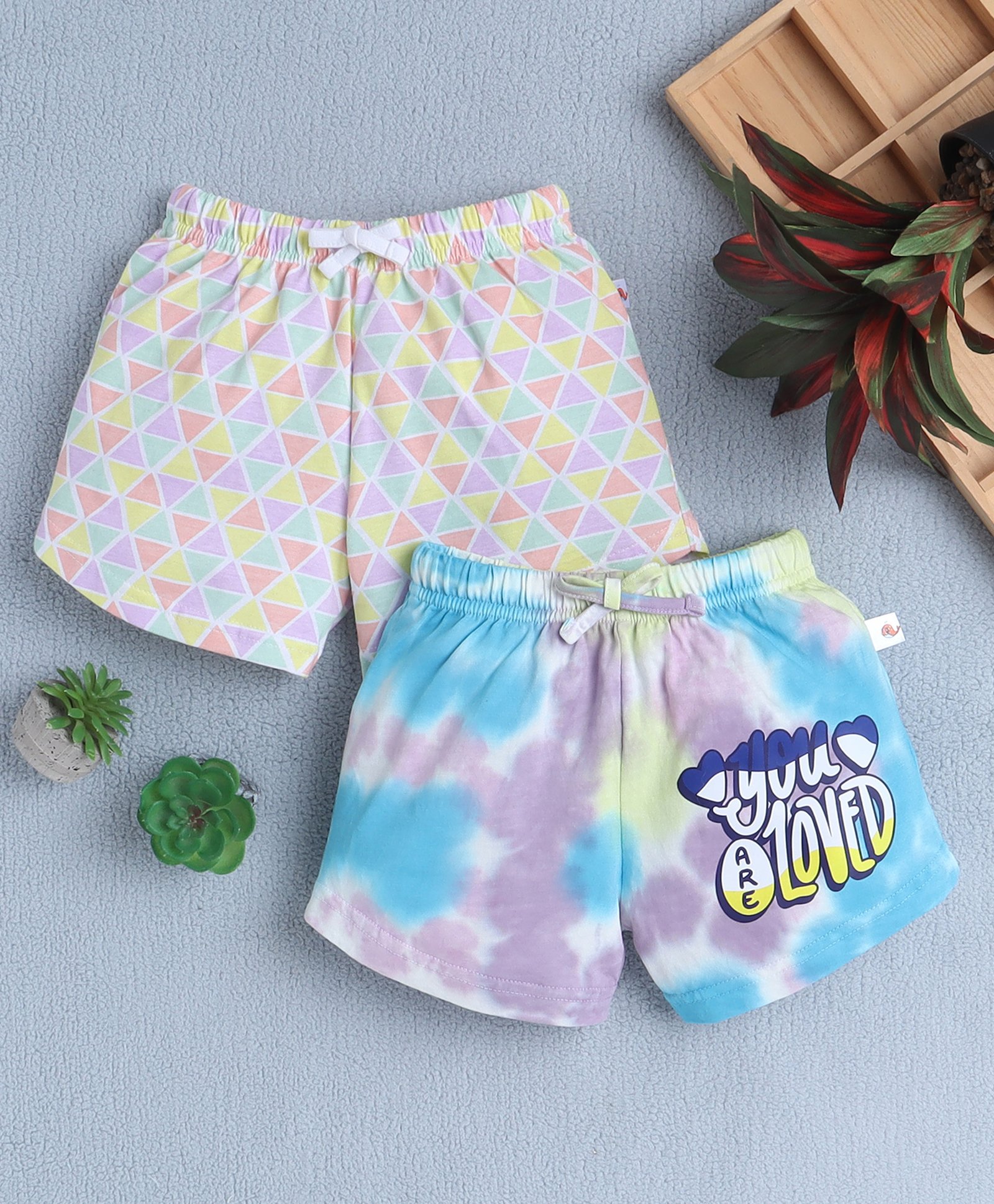 BUMZEE Cotton Knit Above Knee Length Shorts With Triangle & Text Print Pack Of 2 - Multicolour-picture-33