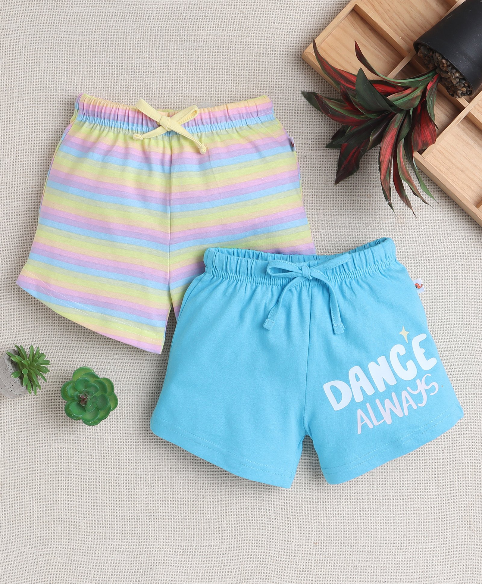 BUMZEE Cotton Knit Above Knee Length Shorts With Stripes & Text Print Pack Of 2 - Light Blue & Yellow-picture-10