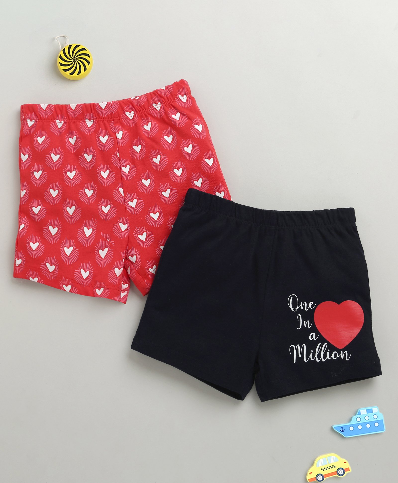 BUMZEE Cotton Knit Above Knee Length Heart Printed Shorts Pack of 2 - Red & Navy Blue-picture-16
