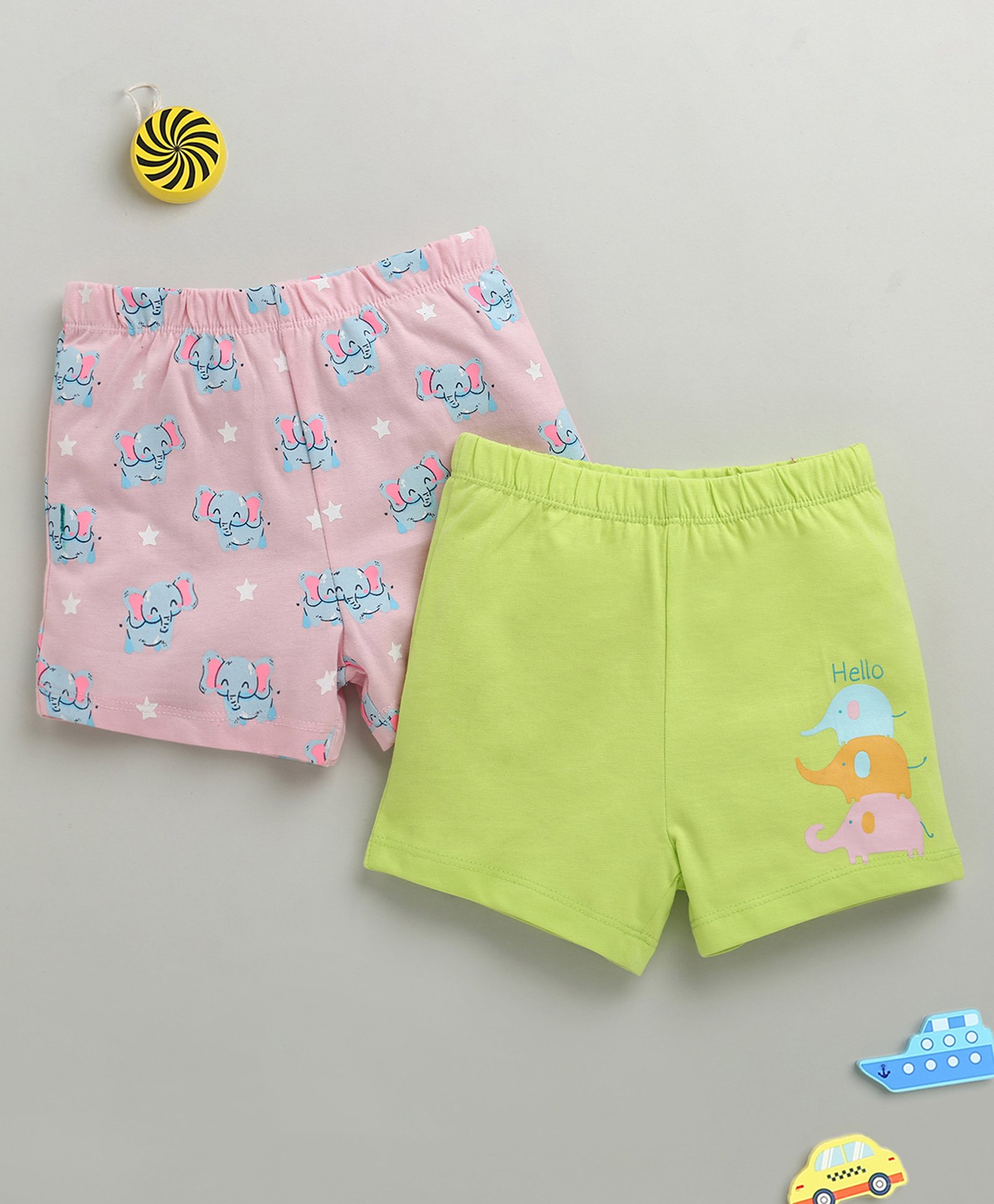 BUMZEE Cotton Knit Above Knee Length Elephant Printed Shorts Pack of 2 - Baby Pink & Green-picture-24