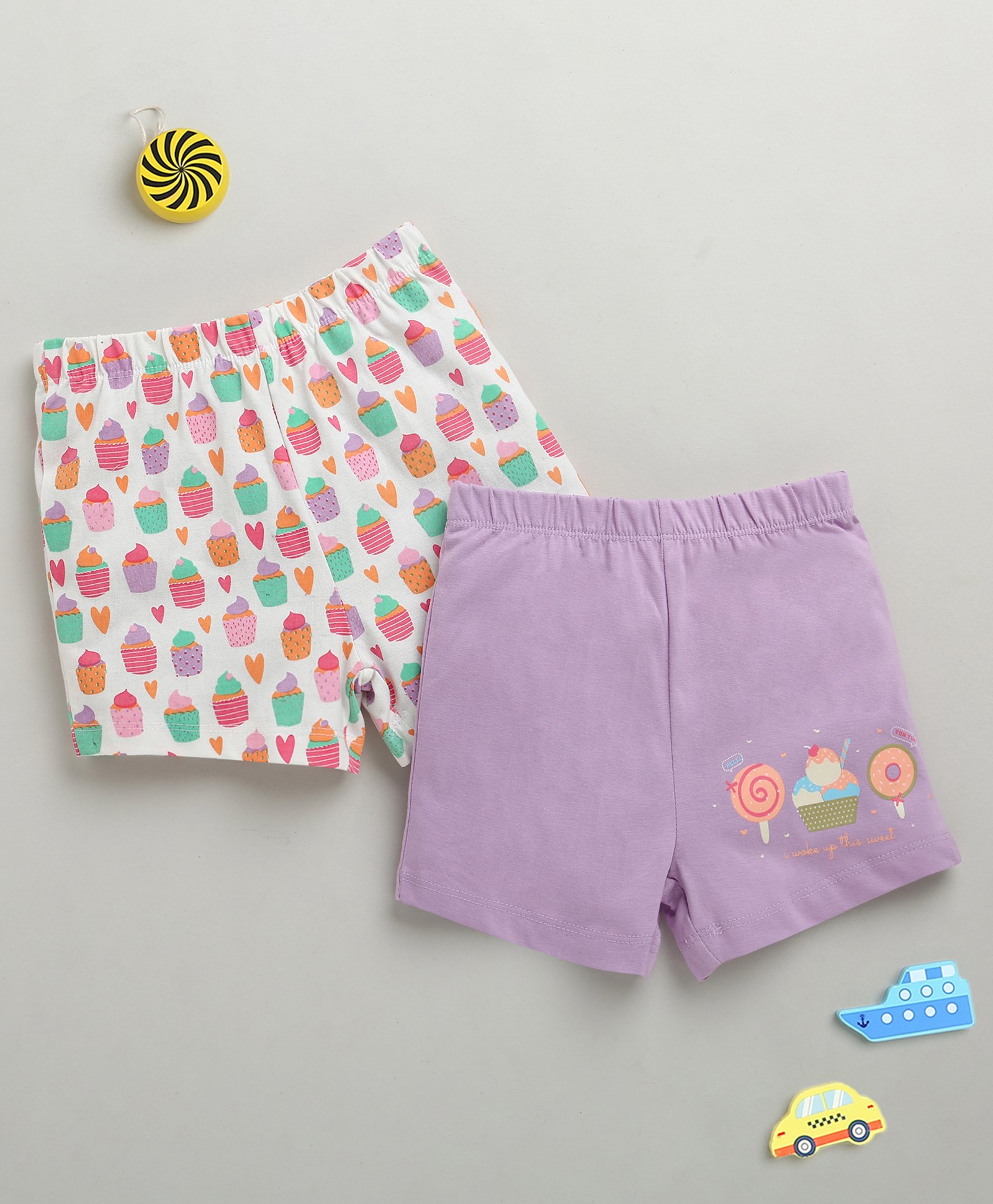 BUMZEE Cotton Knit Above Knee Length Cupcake Printed Shorts Pack of 2 - White & Lavender-picture-15
