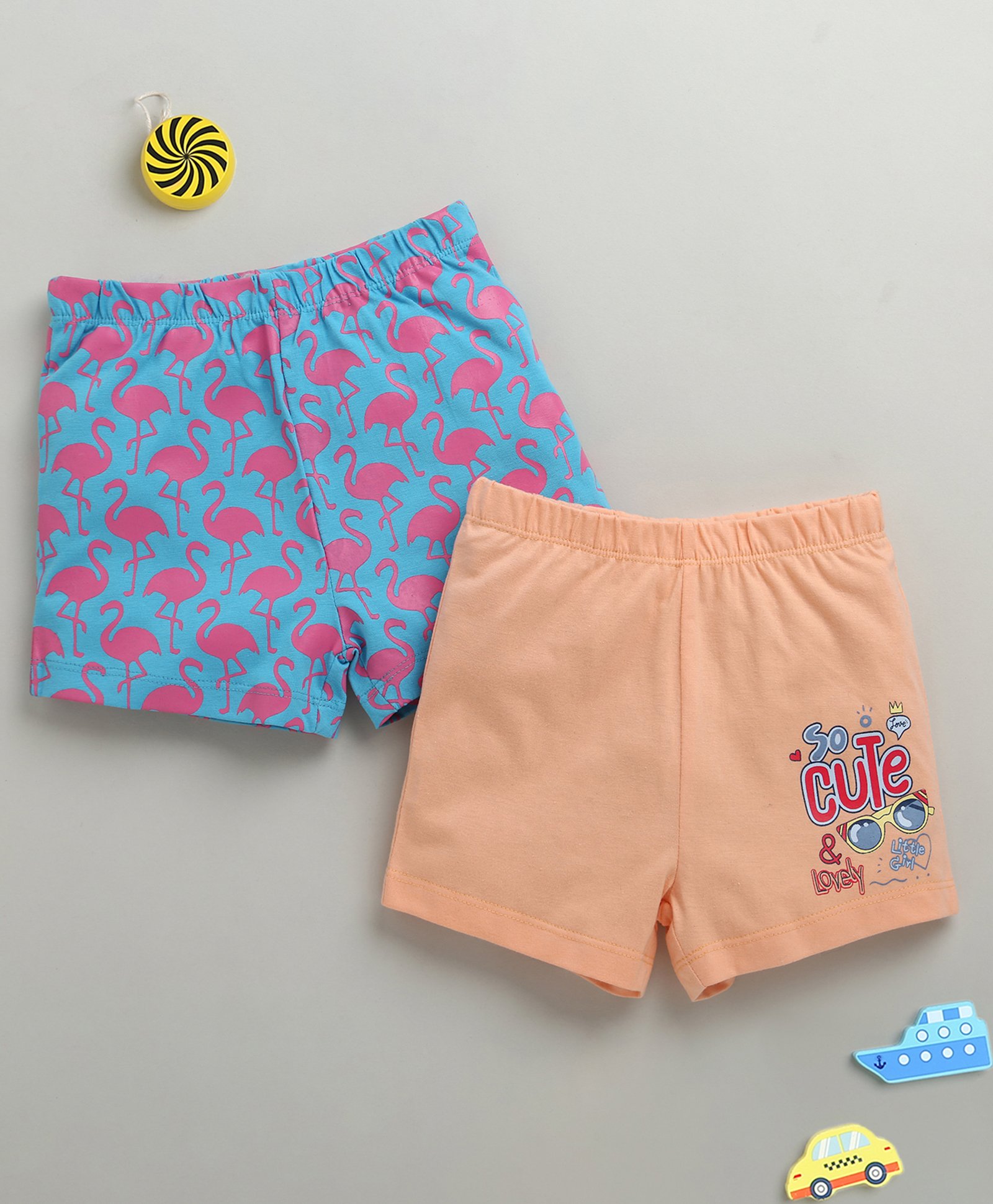 BUMZEE Cotton Knit Above Knee Length Flamingo Printed Shorts Pack of 2 - Peach & Blue-picture-28