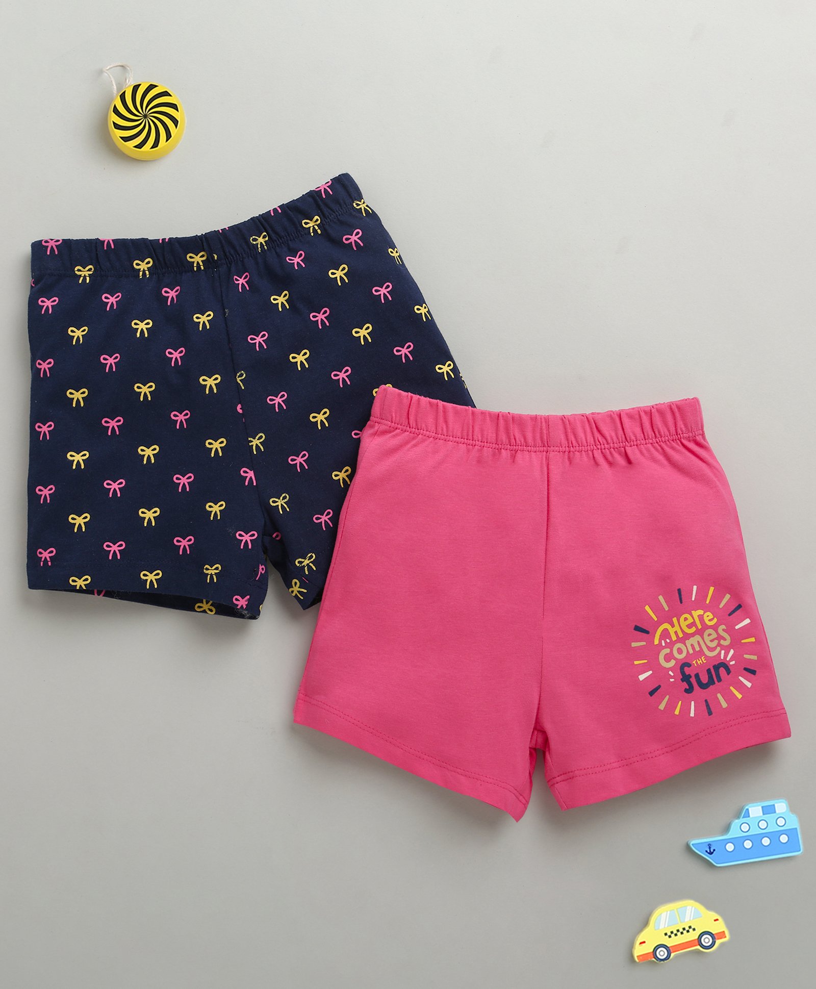 BUMZEE Cotton Knit Above Knee Length Bow Tie Printed Shorts Pack of 2 - Navy Blue & Pink-picture-18