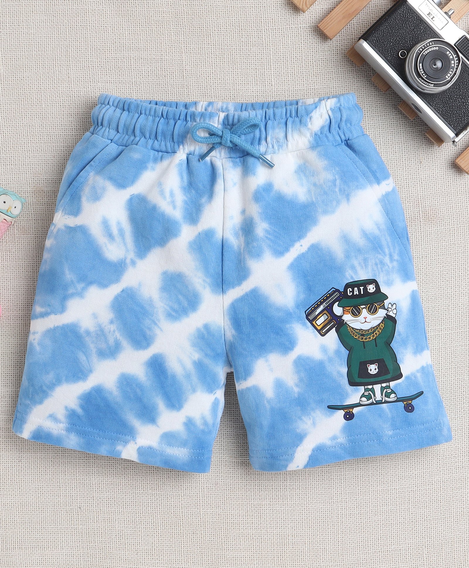 BUMZEE Cotton Knit Above Knee Length Shorts With Cat Print - Blue-picture-13