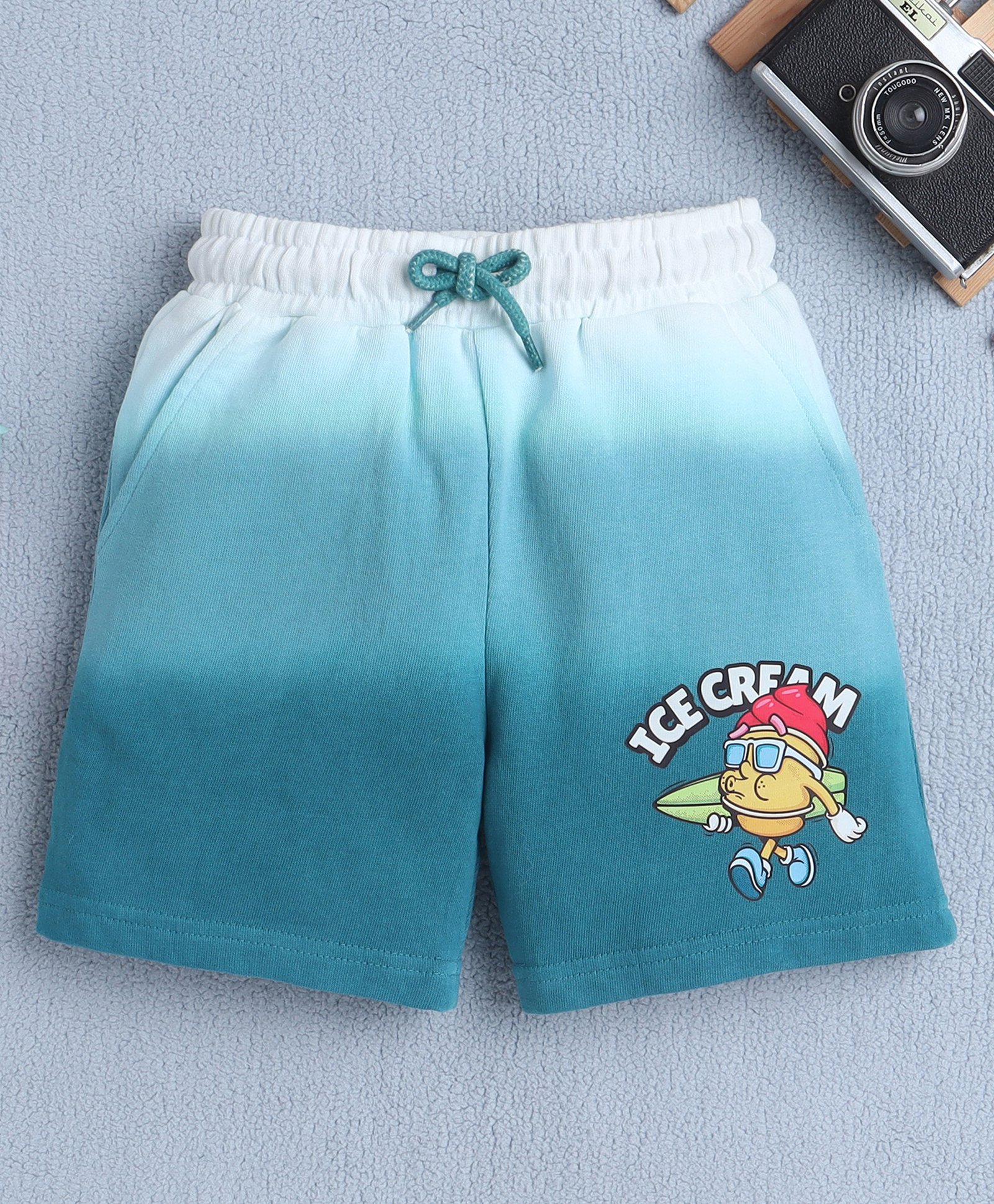 BUMZEE Cotton Knit Above Knee Length Shorts With Icecream Print - Teal Blue-picture-16