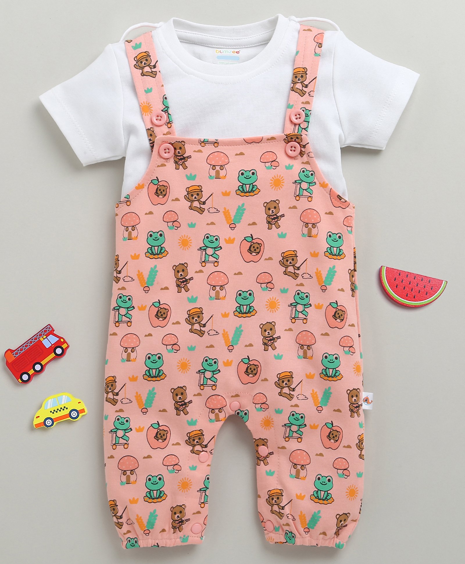 BUMZEE Cotton Knit Dungaree With Half Sleeves T-Shirt Animal Print - Coral-picture-28