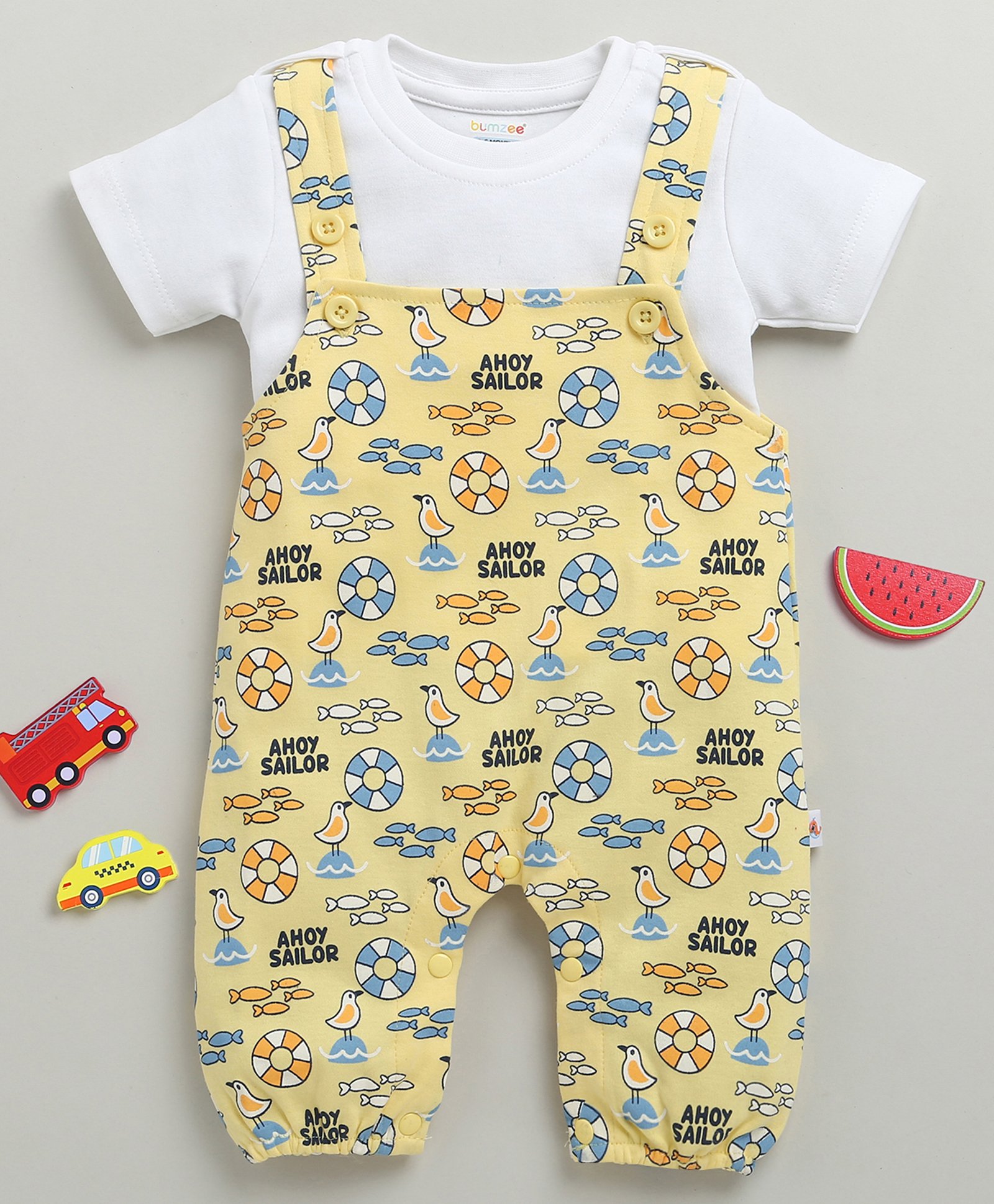 BUMZEE Cotton Knit Dungaree Half Sleeves Shirt Beach Theme Print - Yellow & White-image-41