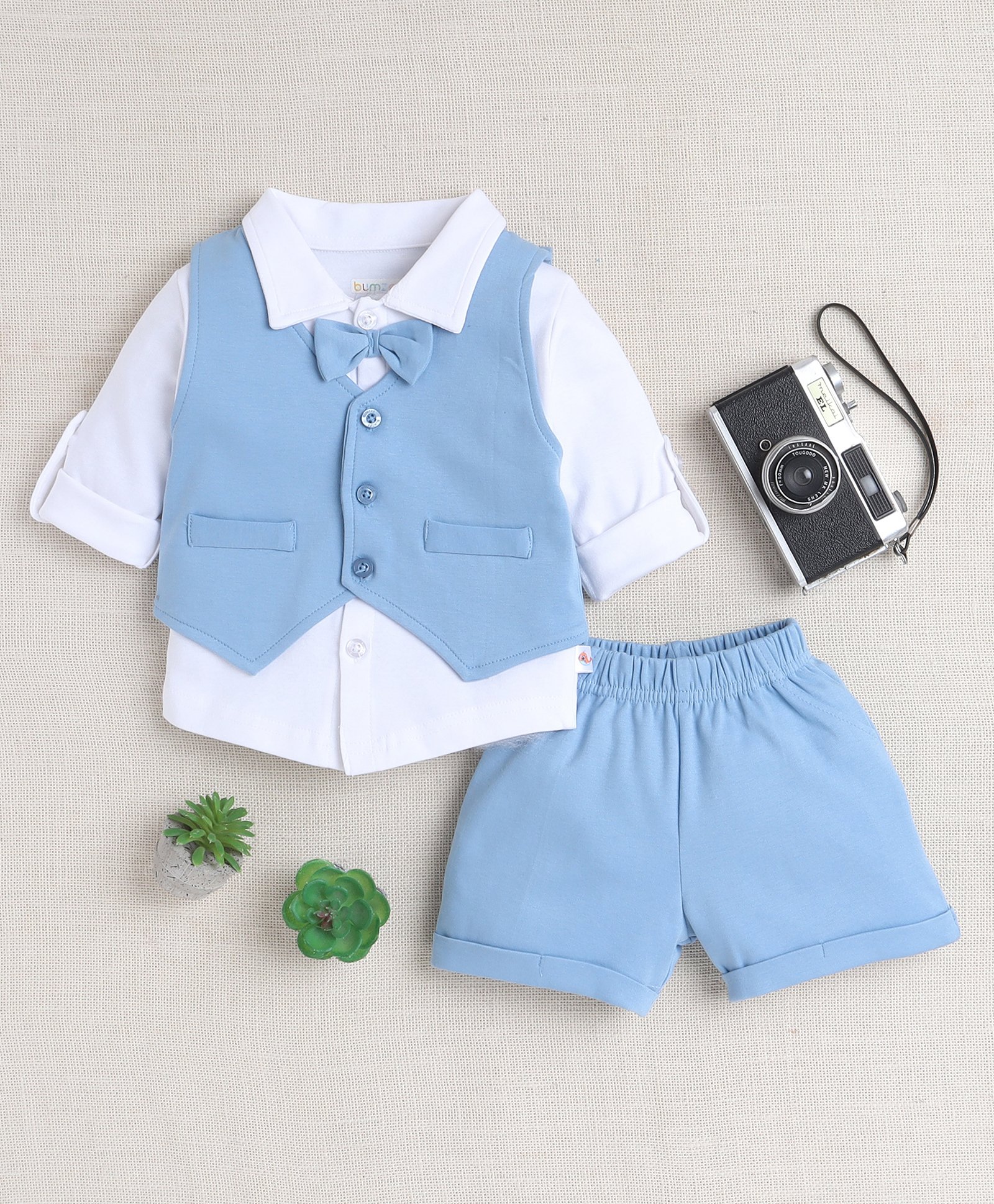 BUMZEE Cotton Knit Full Sleeves Solid 3 Piece Party Suit With Bow Applique - Light Blue-image-31