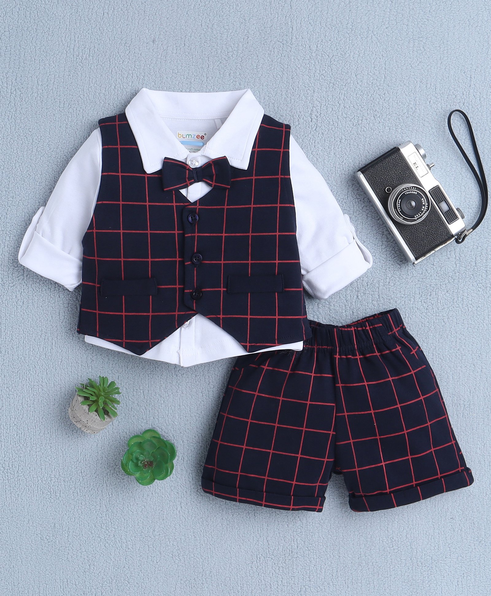 BUMZEE Cotton Knit Full Sleeves Checks 3 Piece Party Suit With Bow Applique - White & Navy Blue-picture-11