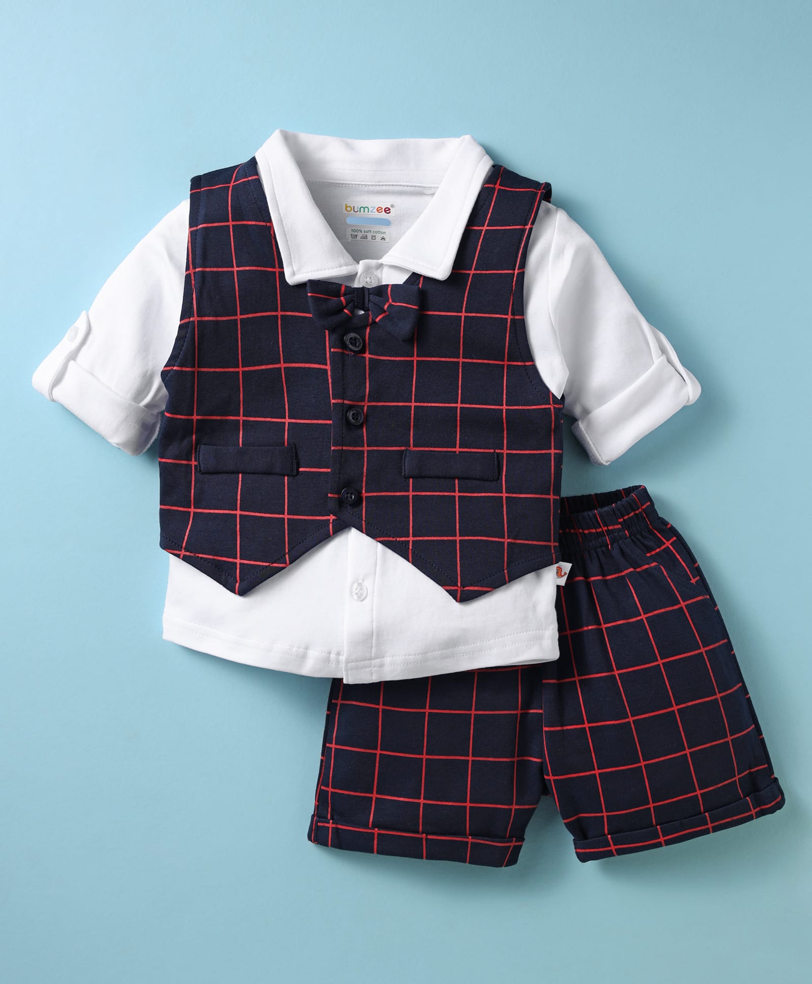 BUMZEE Cotton Knit Full Sleeves Checkered 3 Piece Party Suit With Attached Bow - White & Navy Blue-picture-11