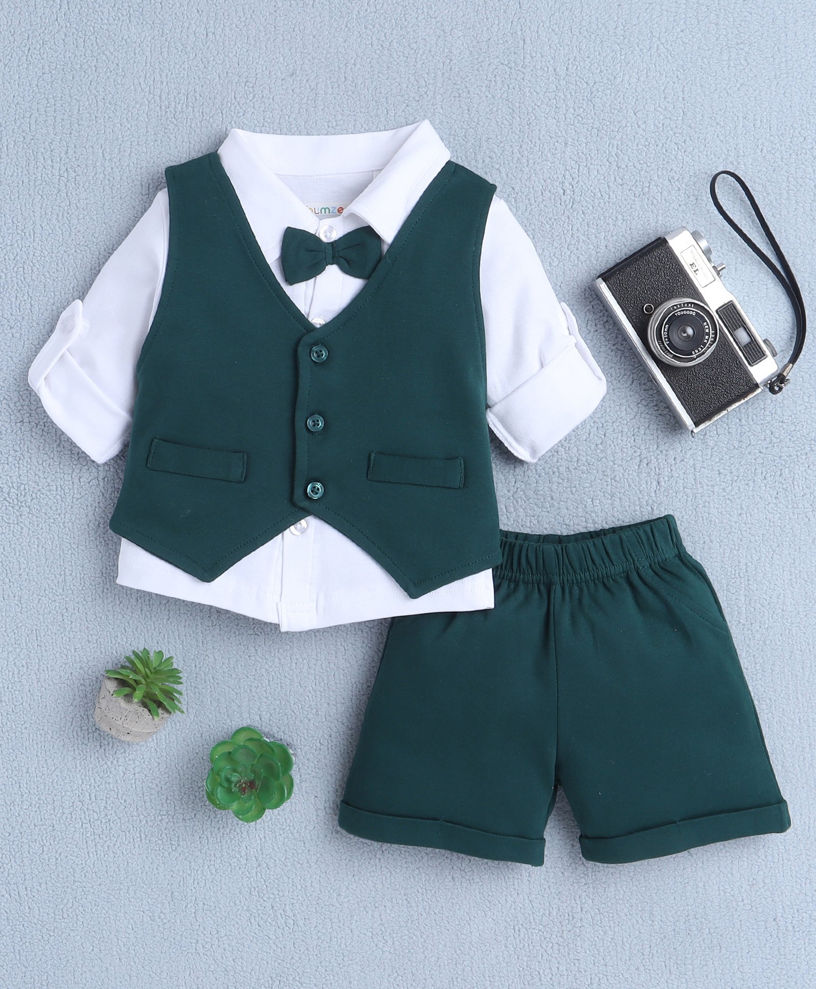 BUMZEE Cotton Knit Full Sleeves Solid 3 Piece Party Suit With Bow Applique - White & Dark Green-picture-28
