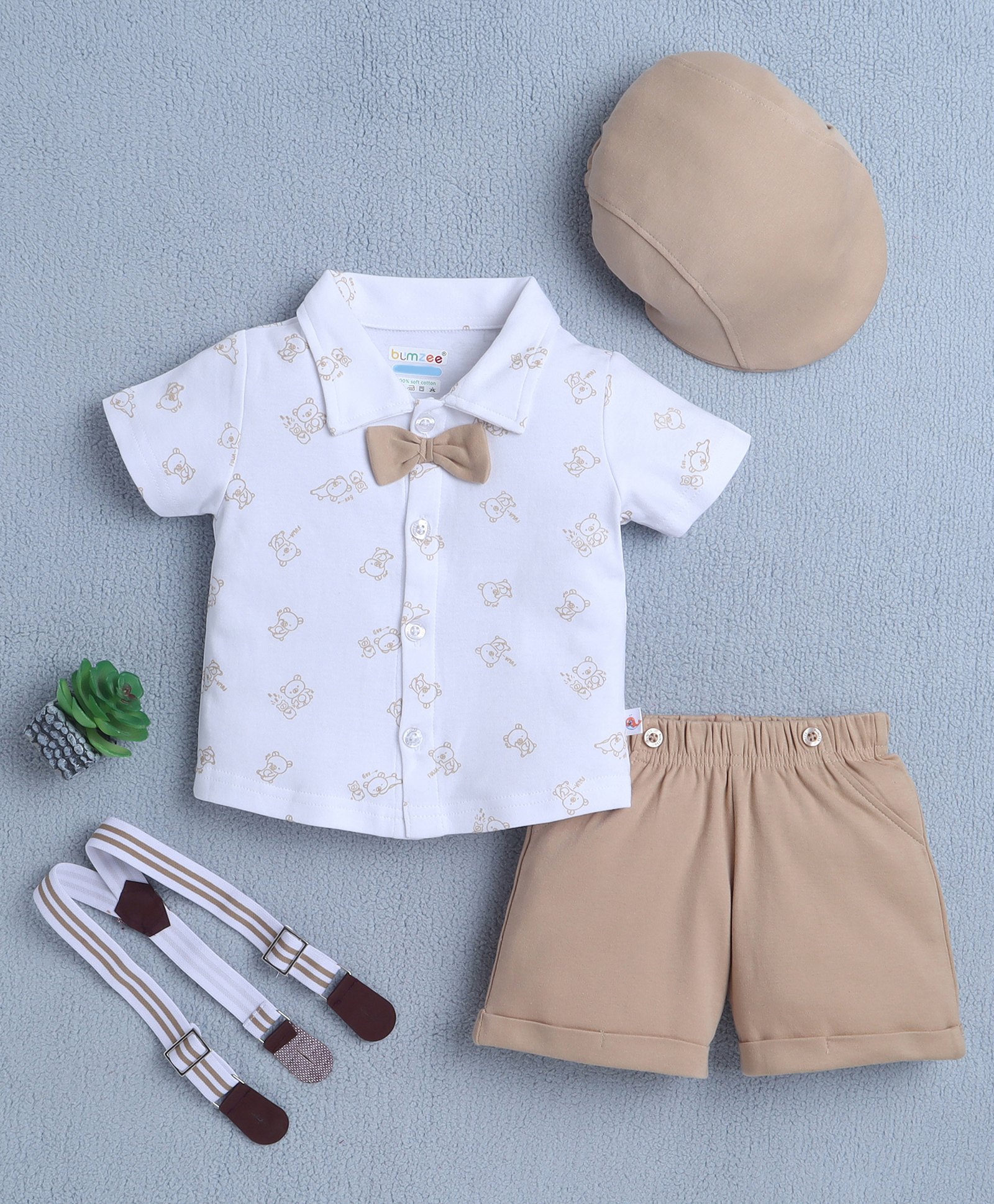 BUMZEE Cotton Knit Half Sleeves Animal Printed Shirt & Shorts Set With Bow Applique Suspender & Cap - White & Beige-image-46