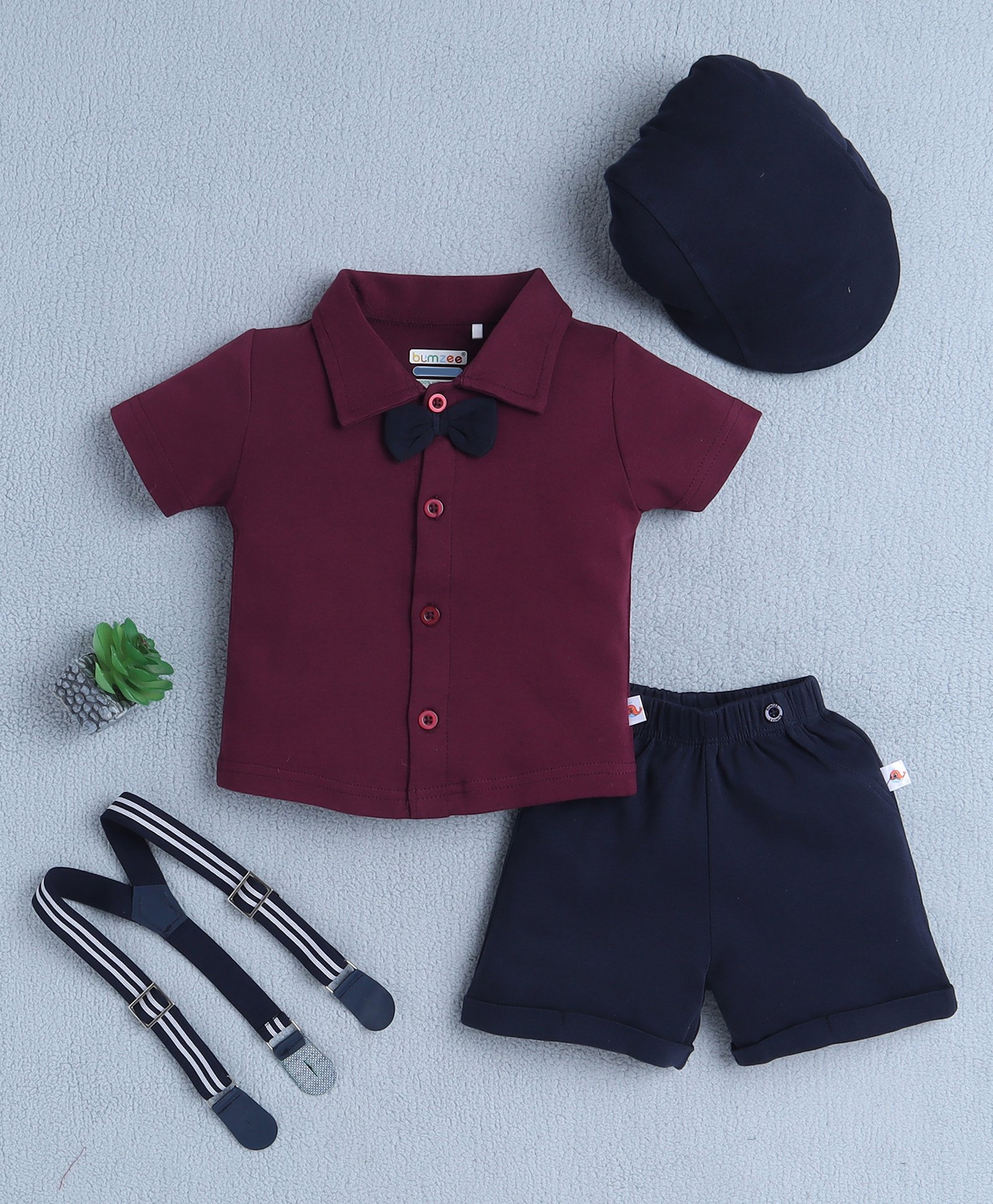 BUMZEE Cotton Knit Half Sleeves Solid Shirt & Shorts Set With Suspender Bow Applique & Cap - Wine & Navy Blue-picture-17