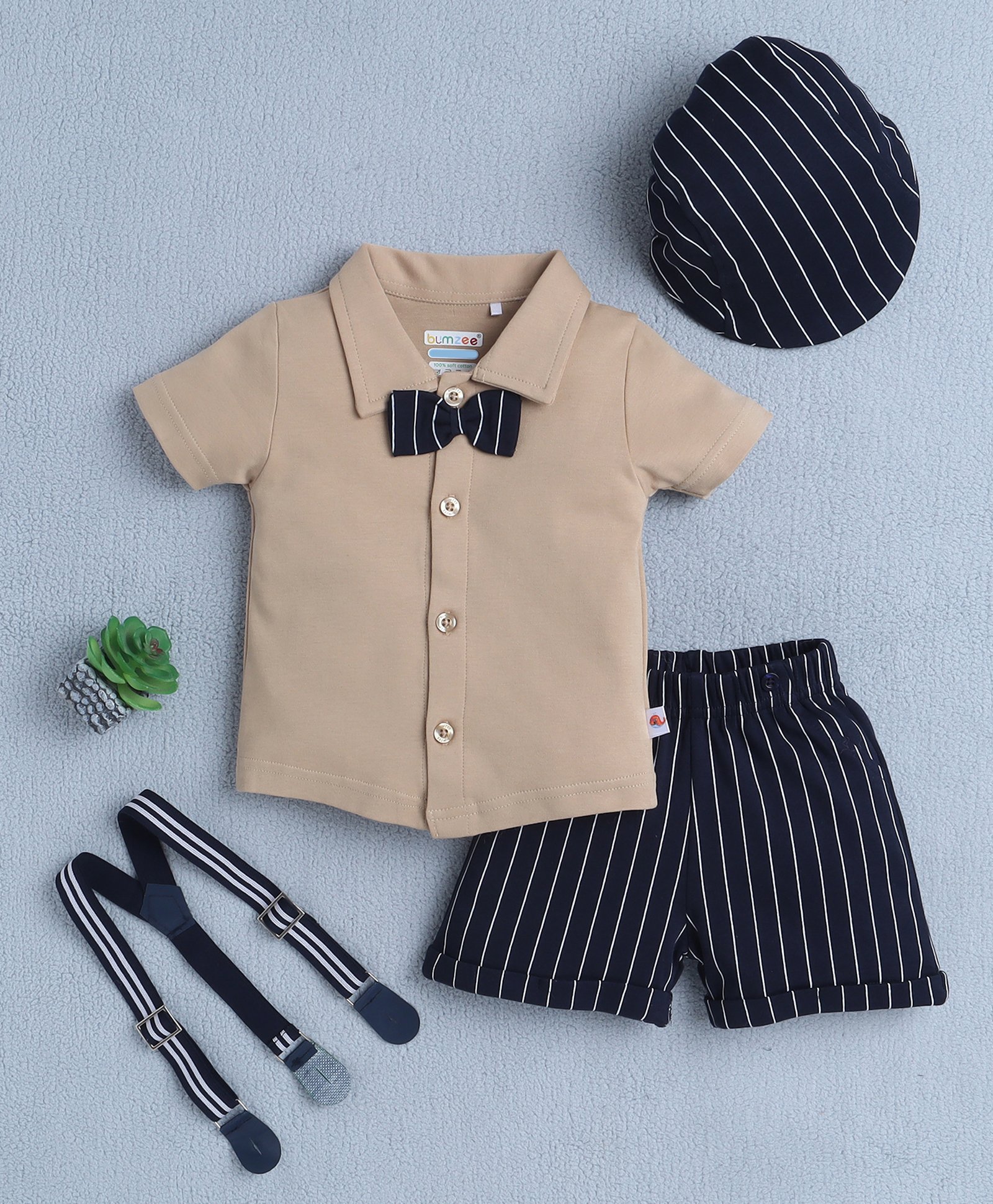 BUMZEE Cotton Knit Half Sleeves Shirt & Striped Shorts Set With Suspender Bow Applique & Cap - Beige & Navy Blue-image-35
