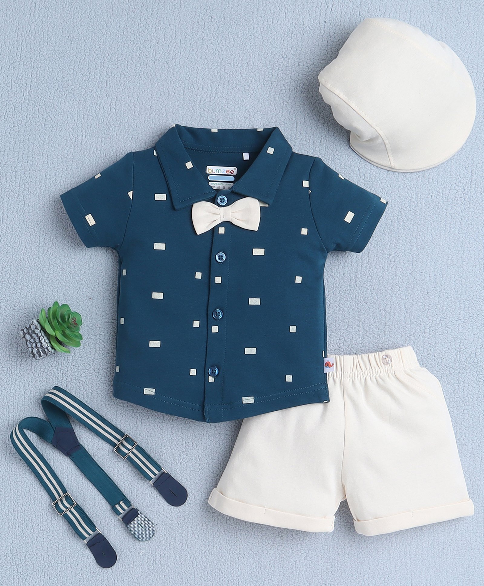 BUMZEE Cotton Knit Half Sleeves Blocks Printed Shirt & Shorts Set With Suspender Bow Applique & Cap - Navy Blue & Beige-picture-20