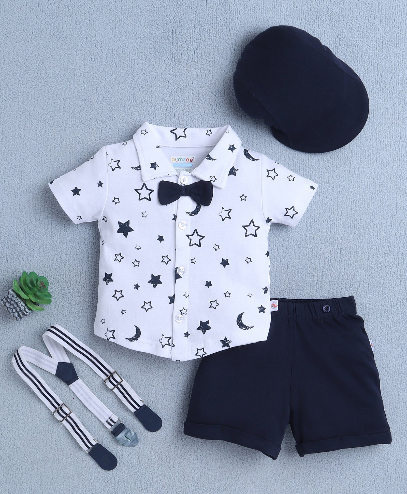 BUMZEE Cotton Knit Half Sleeves Star & Moon Printed Shirt & Shorts Set With Suspender Bow Applique & Cap - White & Navy Blue-picture-22
