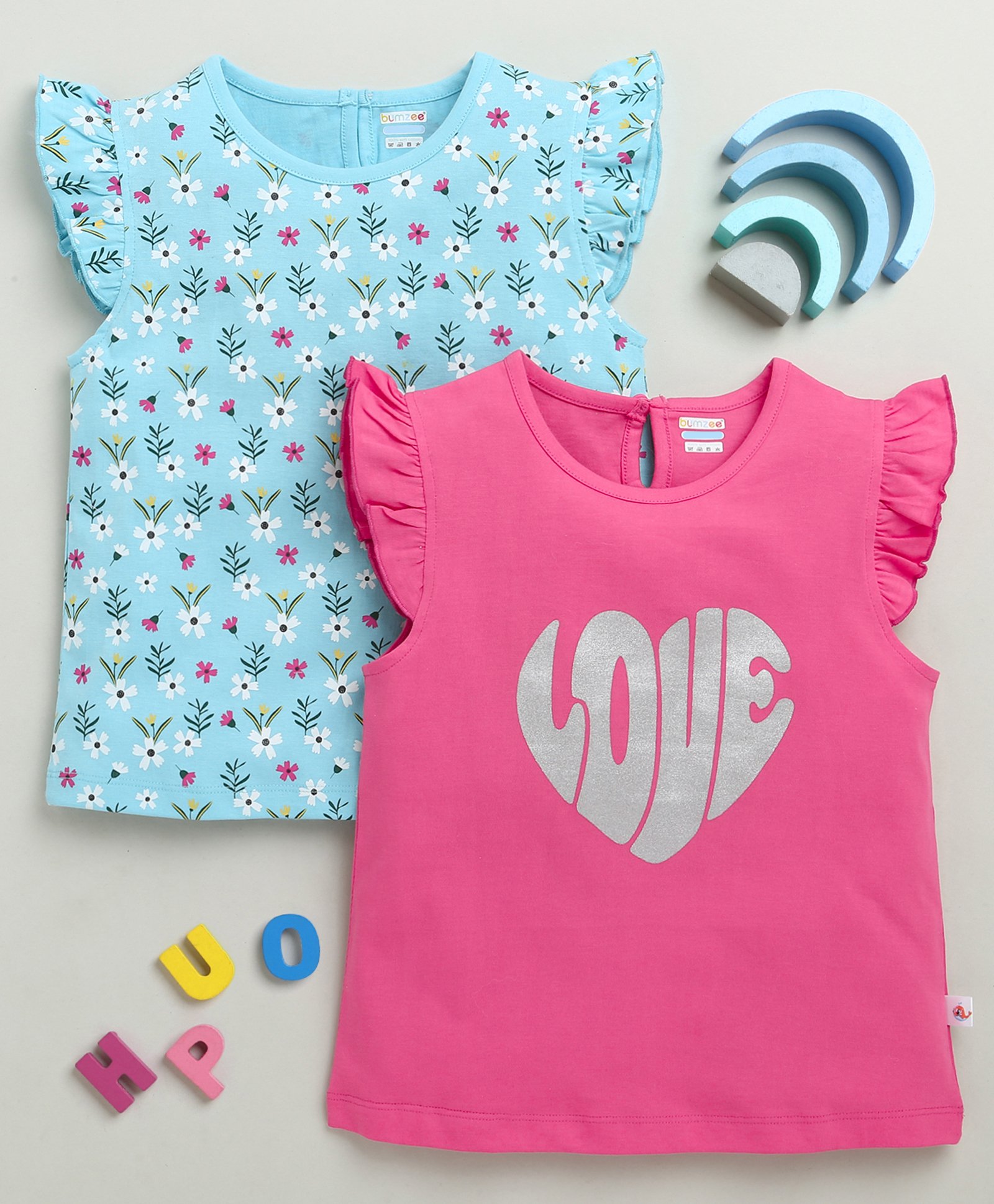 BUMZEE Cotton Knit Frill Sleeves T-Shirt with Floral & Heart Print Pack Of 2 - Light Blue & Pink-picture-13