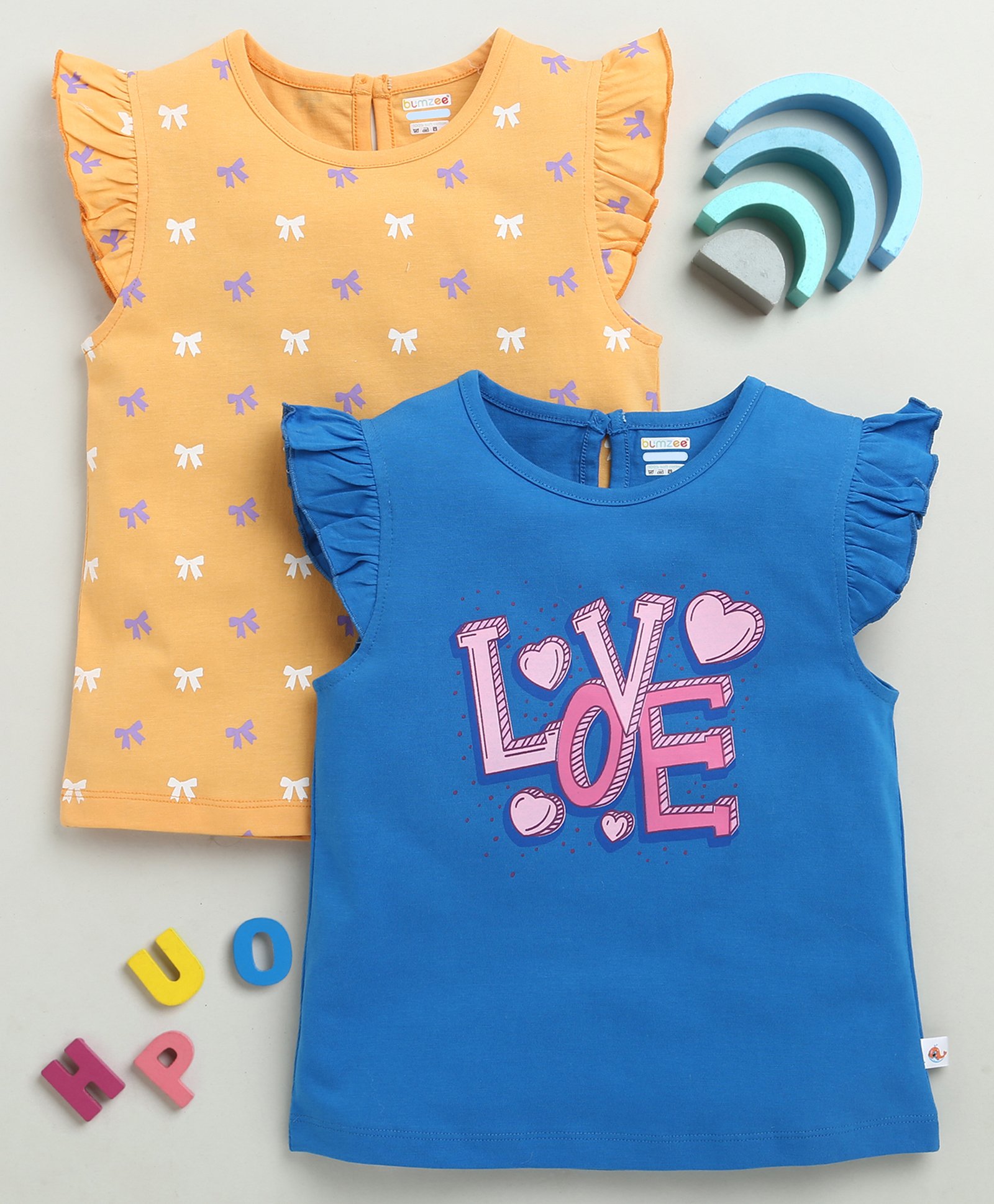 BUMZEE Cotton Knit Frill Sleeves T-Shirts with Bow & Love Text Print Pack Of 2 - Blue & Orange-picture-21