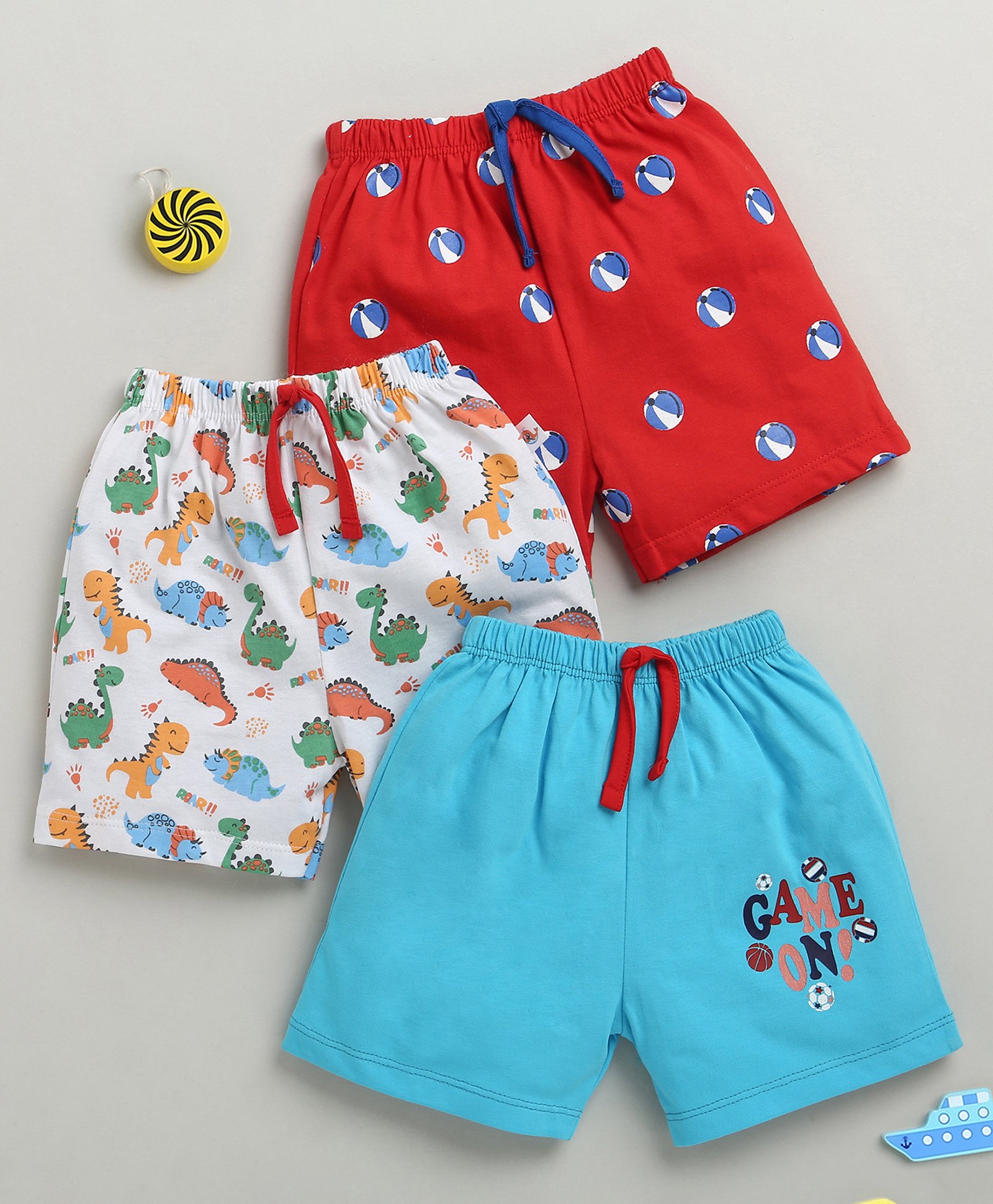 BUMZEE Cotton Knit Above Knee Length Shorts With Dino Print Shorts Pack Of 3 - Red Light Blue & White-picture-36