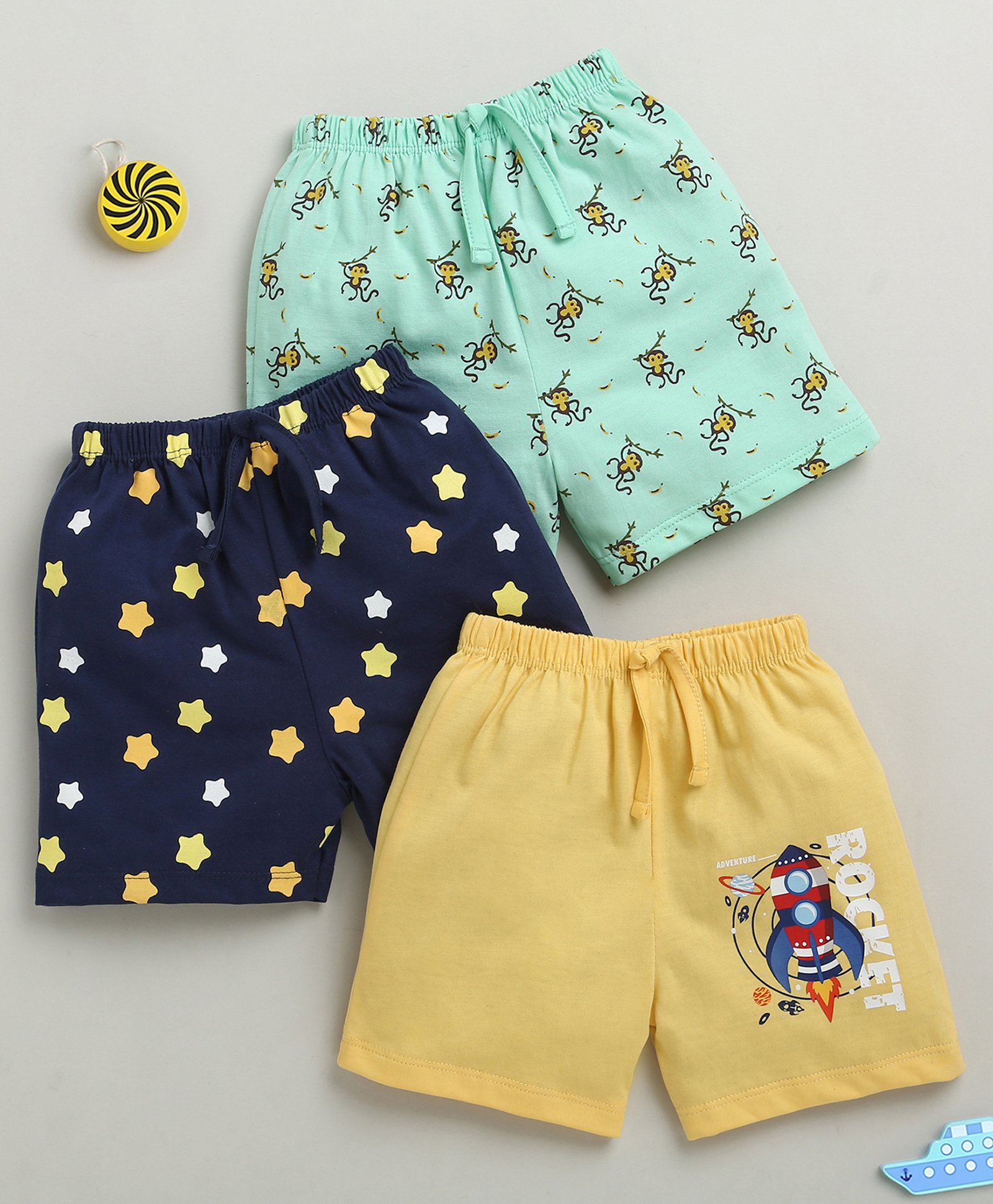 BUMZEE Cotton Knit Above Knee Length Shorts With Star & Animal Print Pack Of 3 - Yellow Navy Blue & Light Green-picture-22