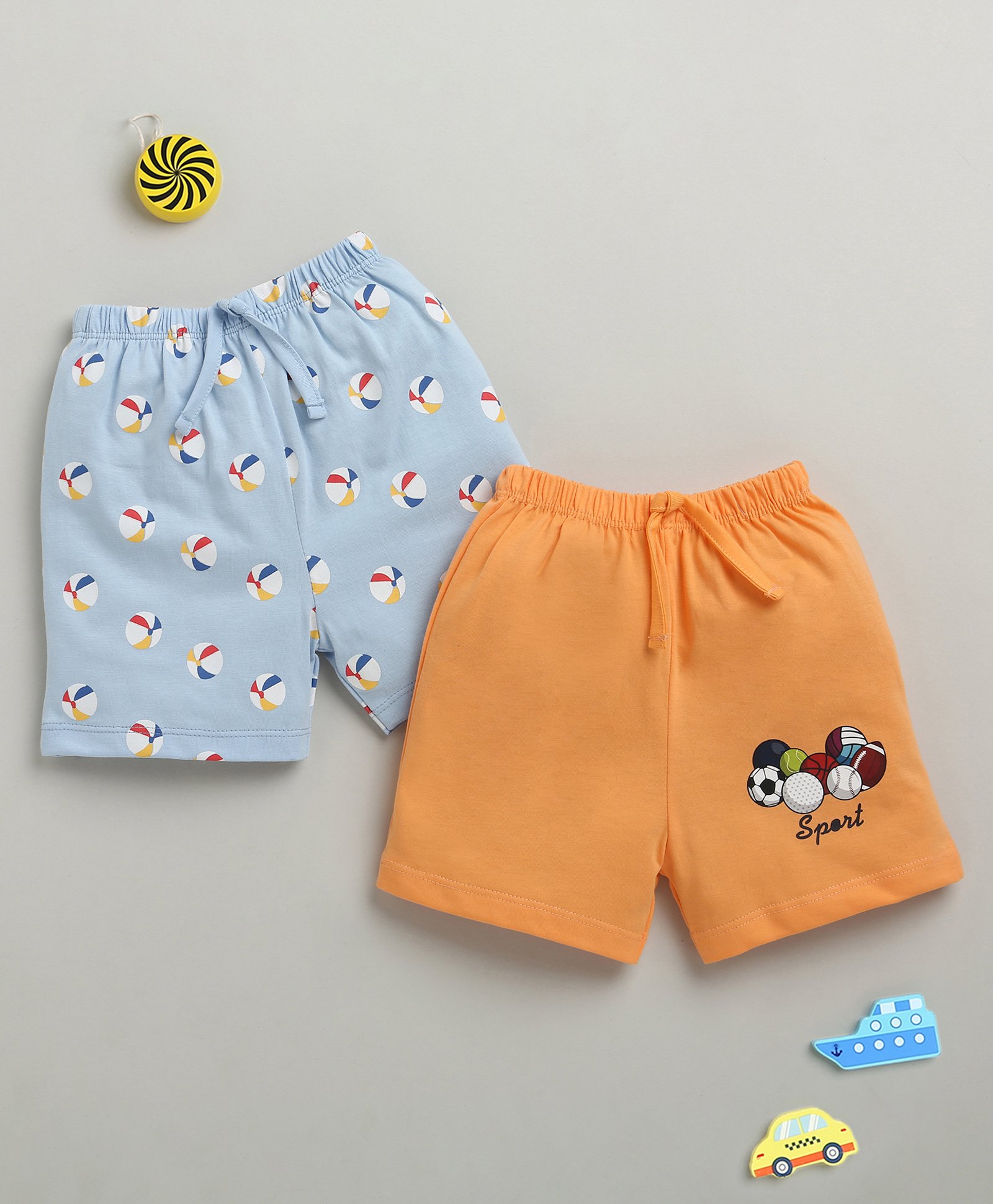 BUMZEE Cotton Knit Above Knee Length Ball Printed Shorts Pack Of 2 - Orange & Light Blue-picture-23