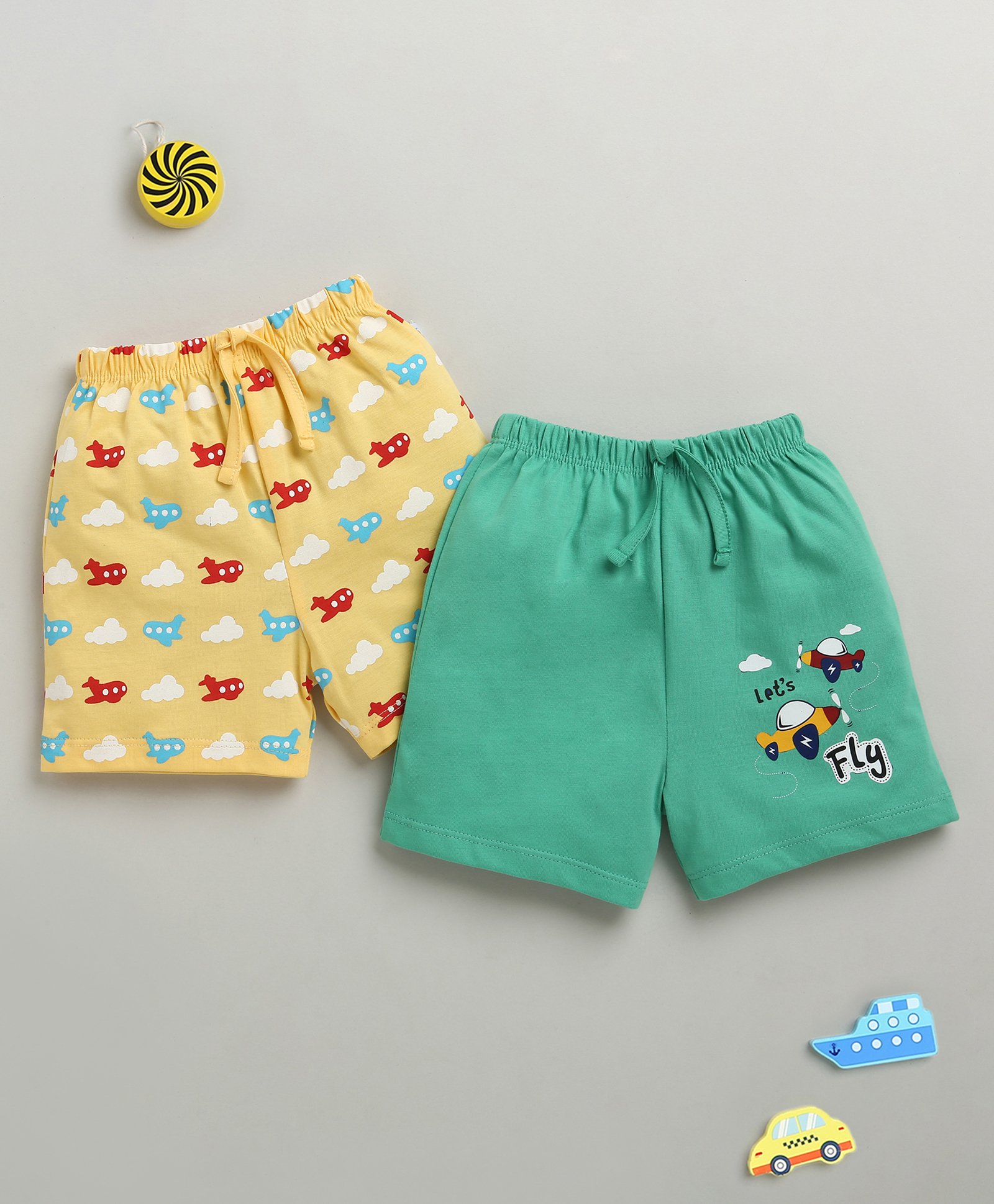 BUMZEE Cotton Knit Above Knee Length Shorts With Aeroplane Print Pack Of 2 - Yellow & Green-picture-17
