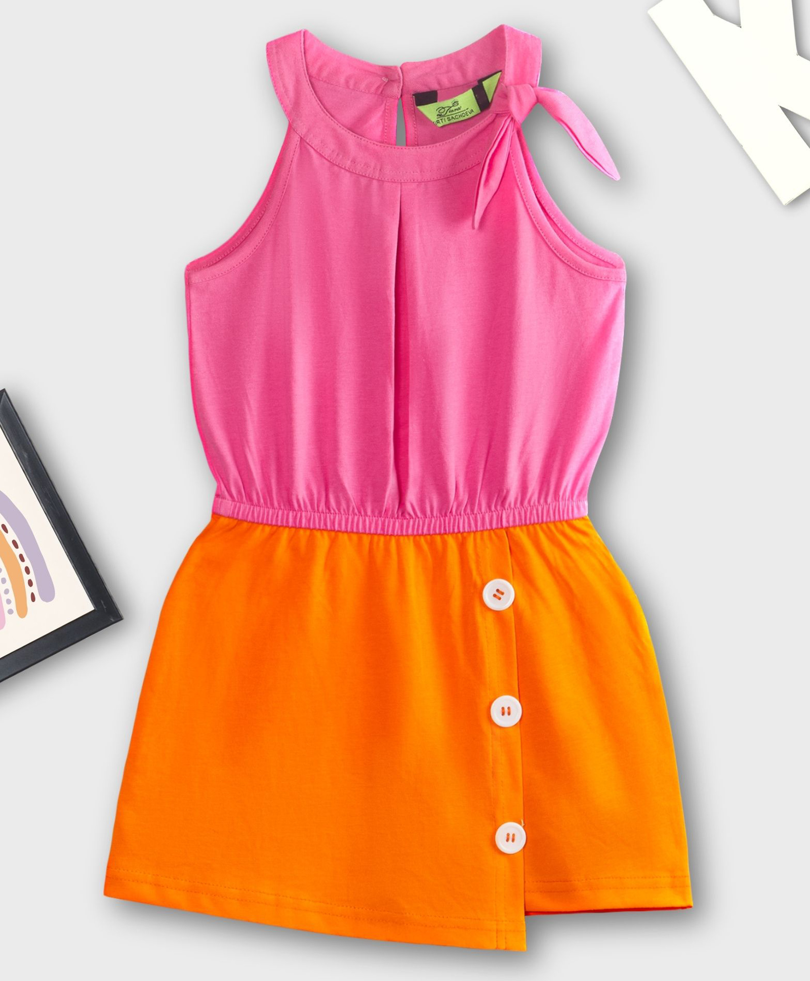 Tiara Pure Cotton Sleeveless Colour Blocked Jumpsuit - Pink & Orange-picture-15