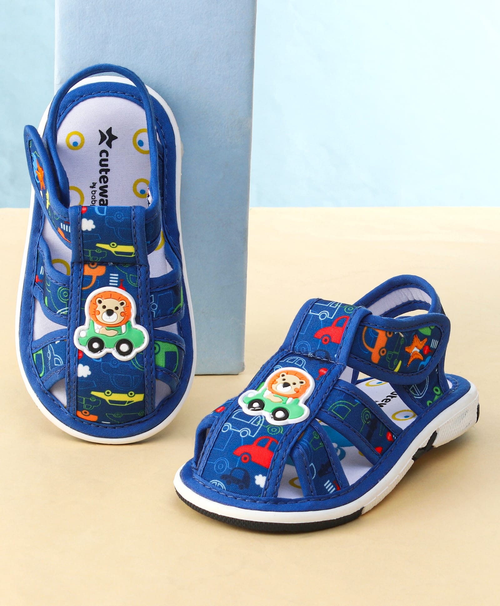 Cute Walk by Babyhug Sandals with Velcro Closure Car Print & Lion Applique - Blue-picture-20