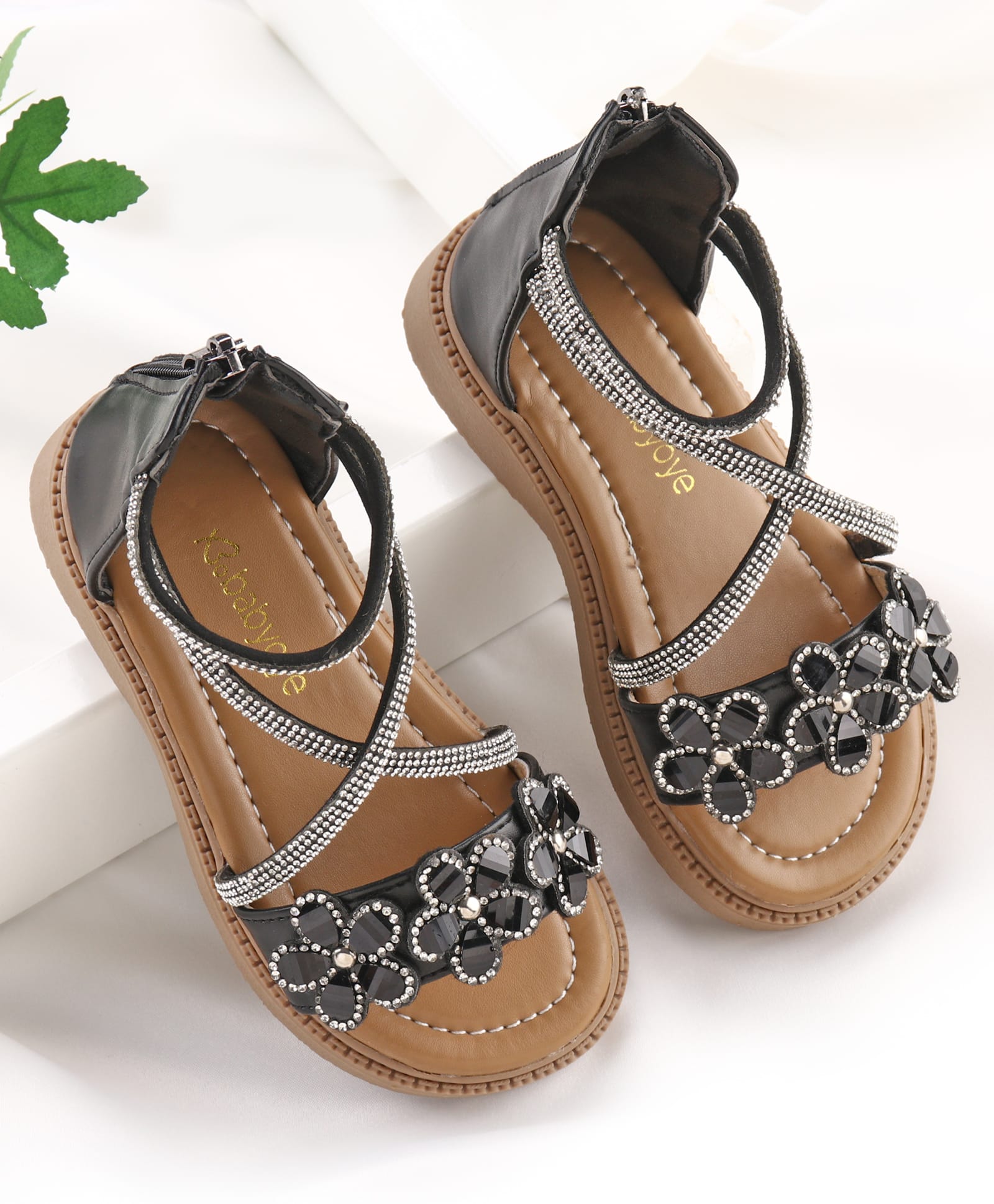 Babyoye Zip Closure Sandals with Rhinestone Detailing - Black