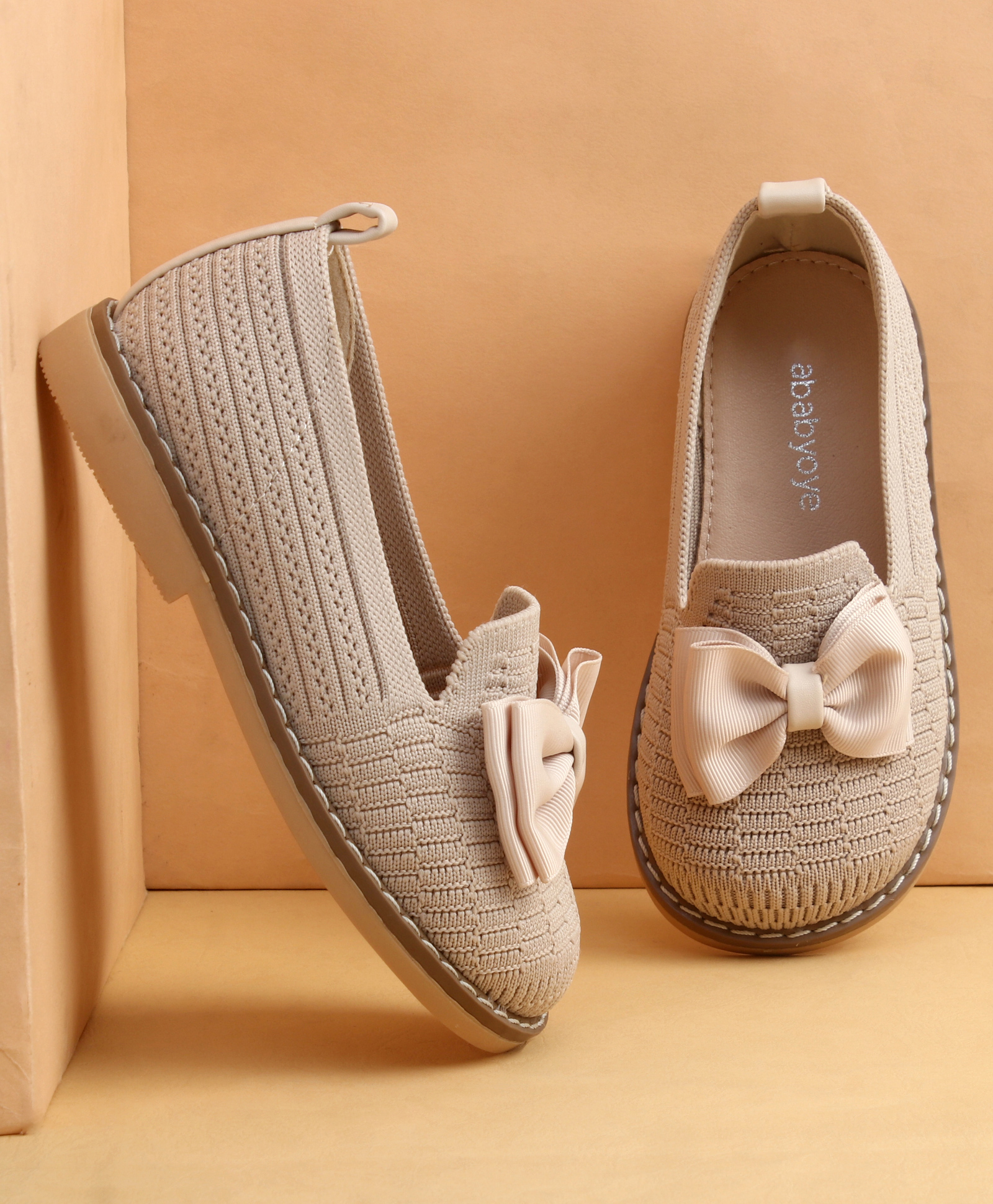 Babyoye Slip On Solid Coloured Ballerina With Bow Applique - Beige-image-10