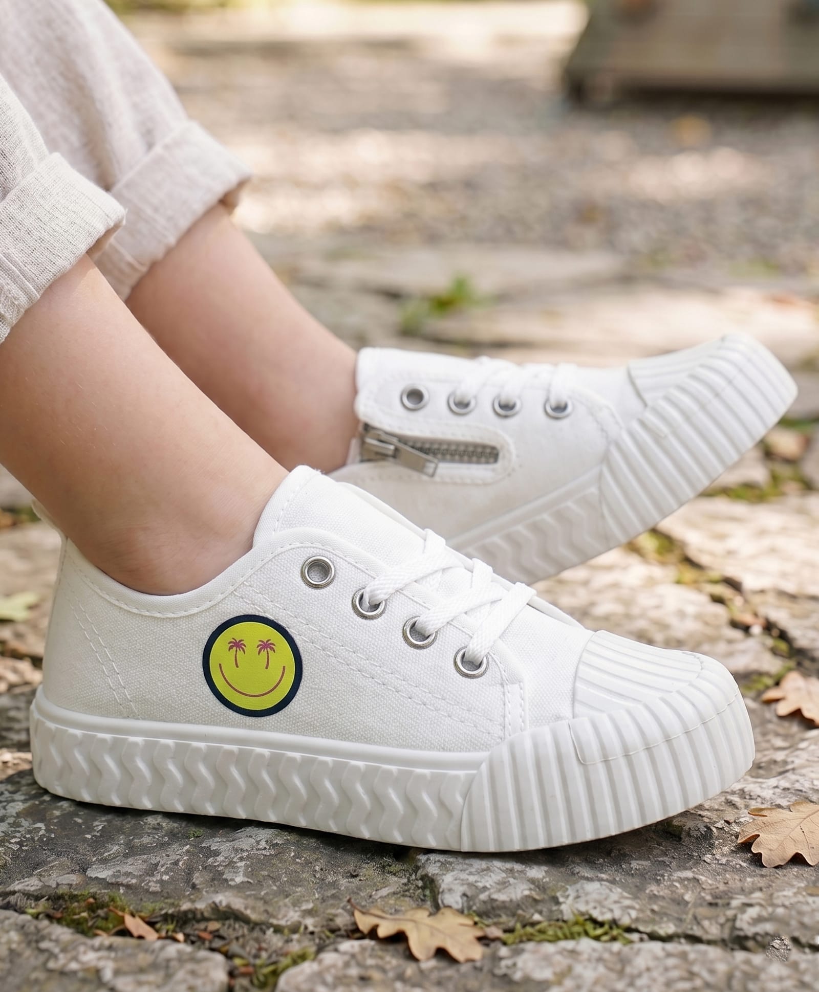 Pine Kids Lace Ups Casual Shoes With Smile Print - White-image-26