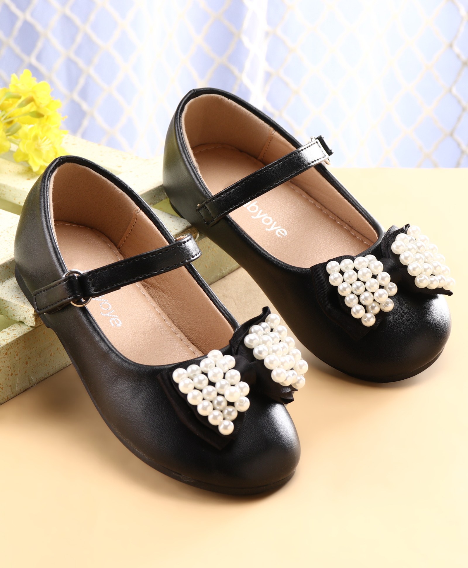Babyoye Velcro Closure Ballerinas with Bow Applique & Pearls Detailing - Black-image-1