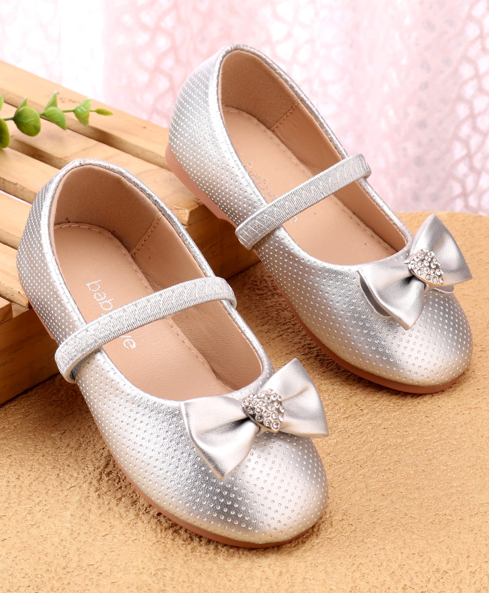 Babyoye Slip On Solid Ballerinas With Bow Applique - Silver-image-12