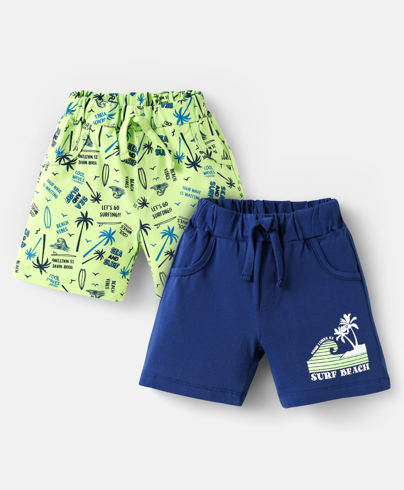 Doodle Poodle 100% Cotton Knit Knee Length Shorts With Tropical Theme Print Pack Of 2 - Navy Blue & Light Green-picture-38