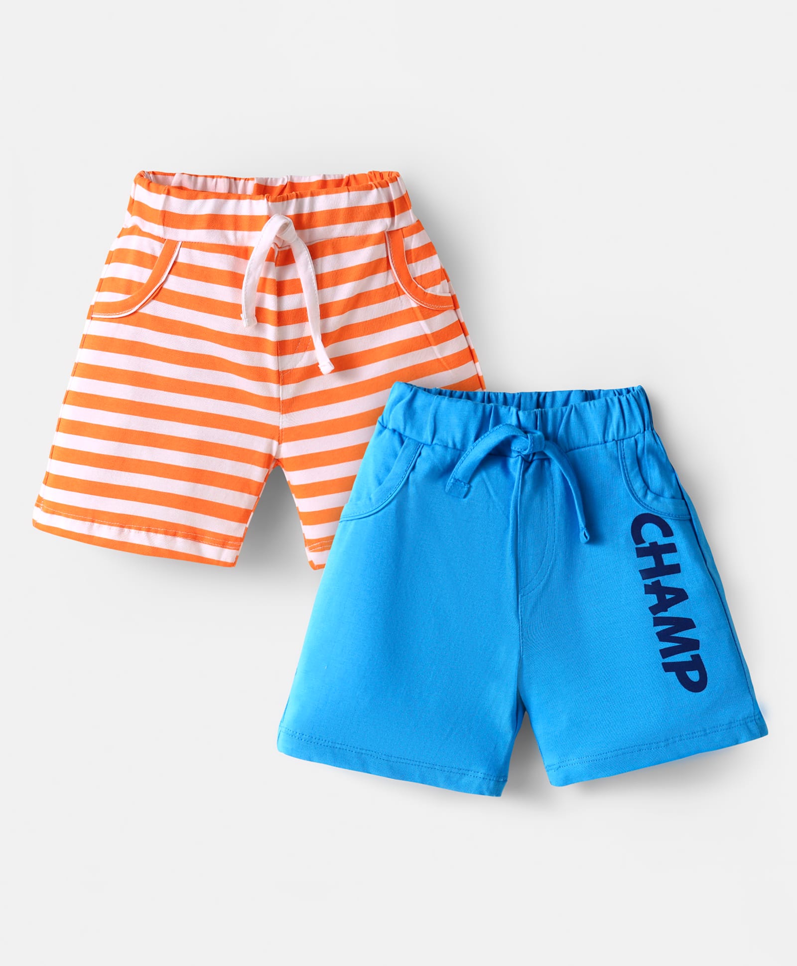 Doodle Poodle 100% Cotton Knit Knee Length Shorts With Stripes & Text Print Pack Of 2 - Light Blue & Orange-image-38