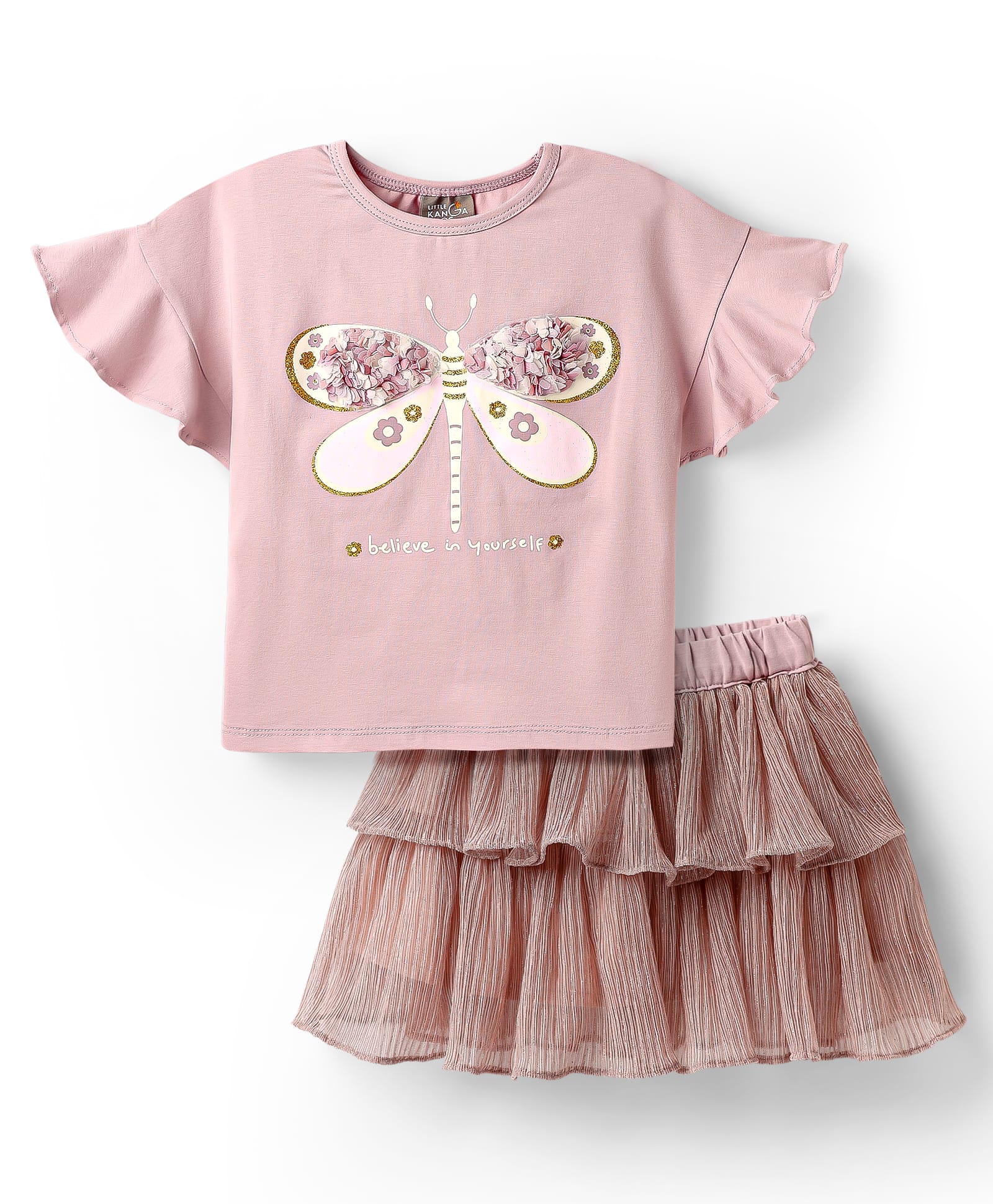 Little Kangaroos Cotton Woven Half Sleeves Top & Skirt Set With Butterfly Print & Applique - Purple