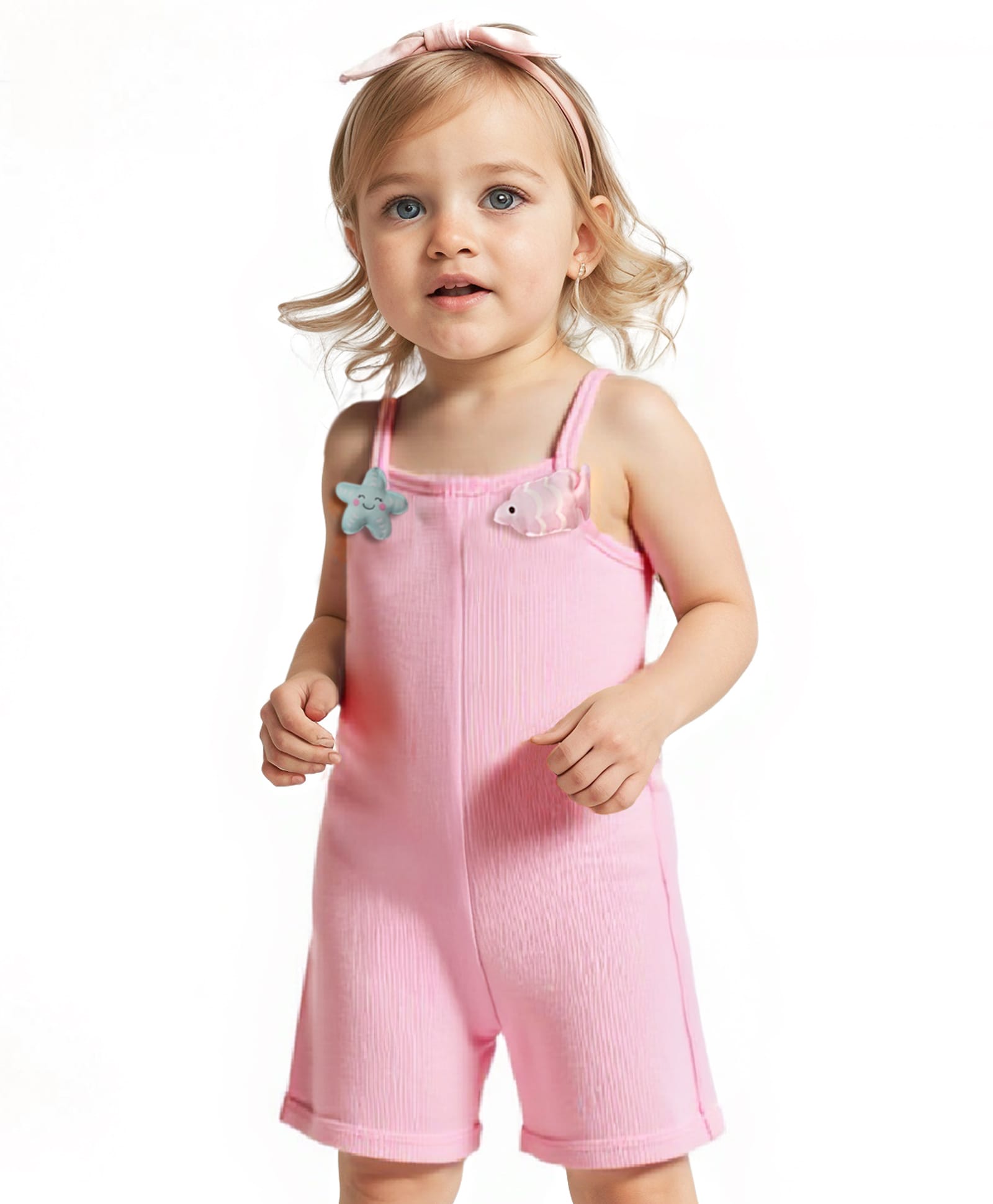 Little Kangaroos Cotton Woven Sleeveless Solid Color Jumpsuit with Star Fish Applique - Pink-picture-12