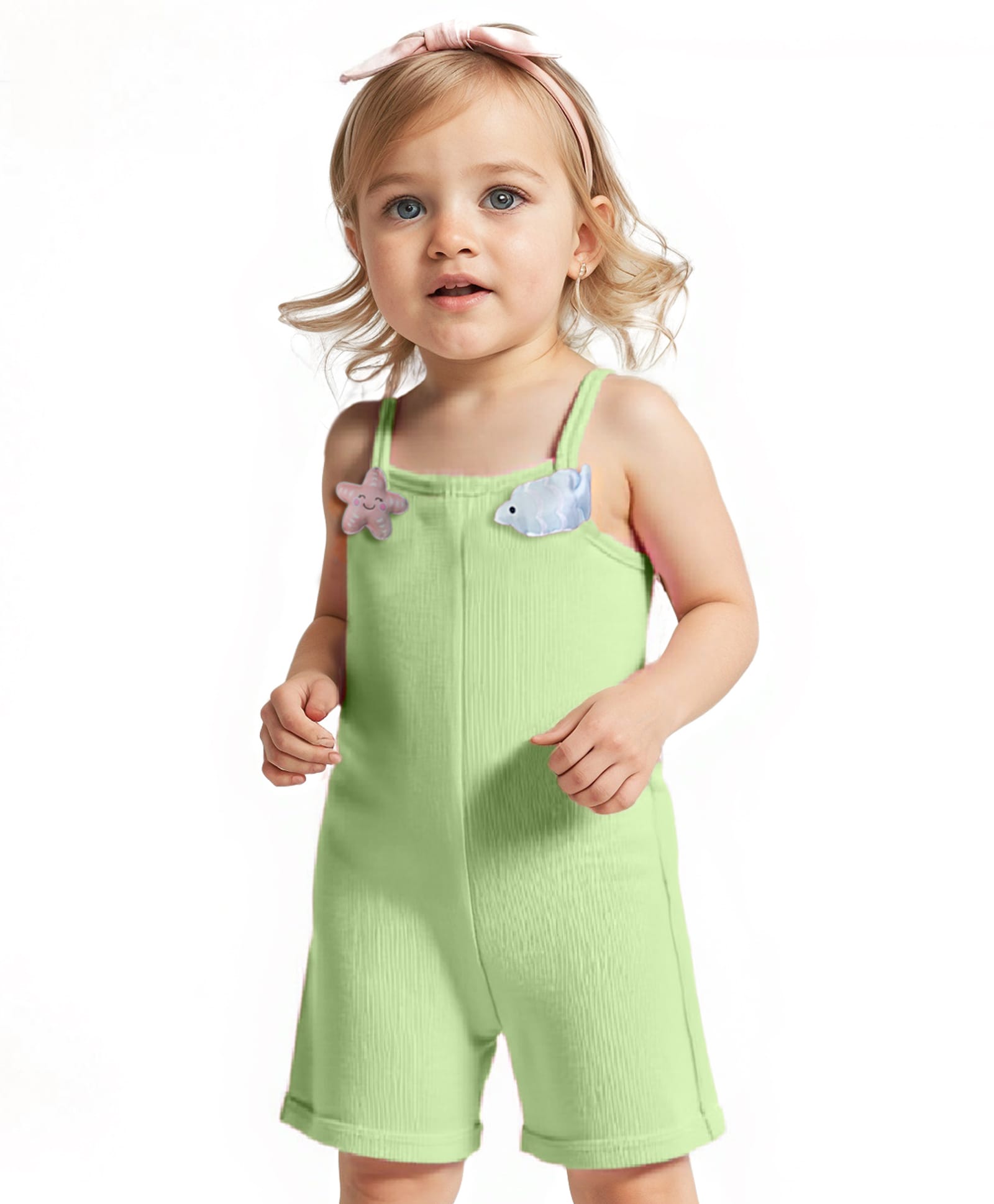 Little Kangaroos Cotton Woven Sleeveless Solid Color Jumpsuit with Star Fish Applique - Limegreen-picture-14
