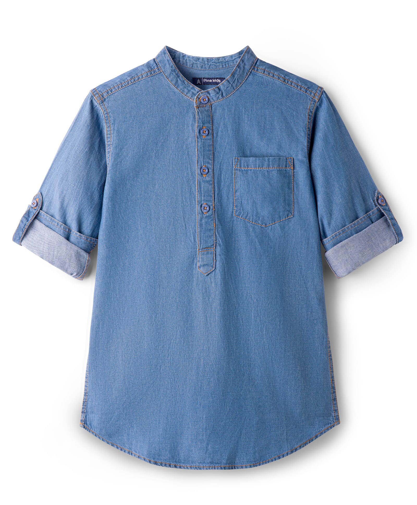 Pine Kids Woven Full Sleeves Washed Mandarin Collar Kurta Style Denim Shirt - Light Blue